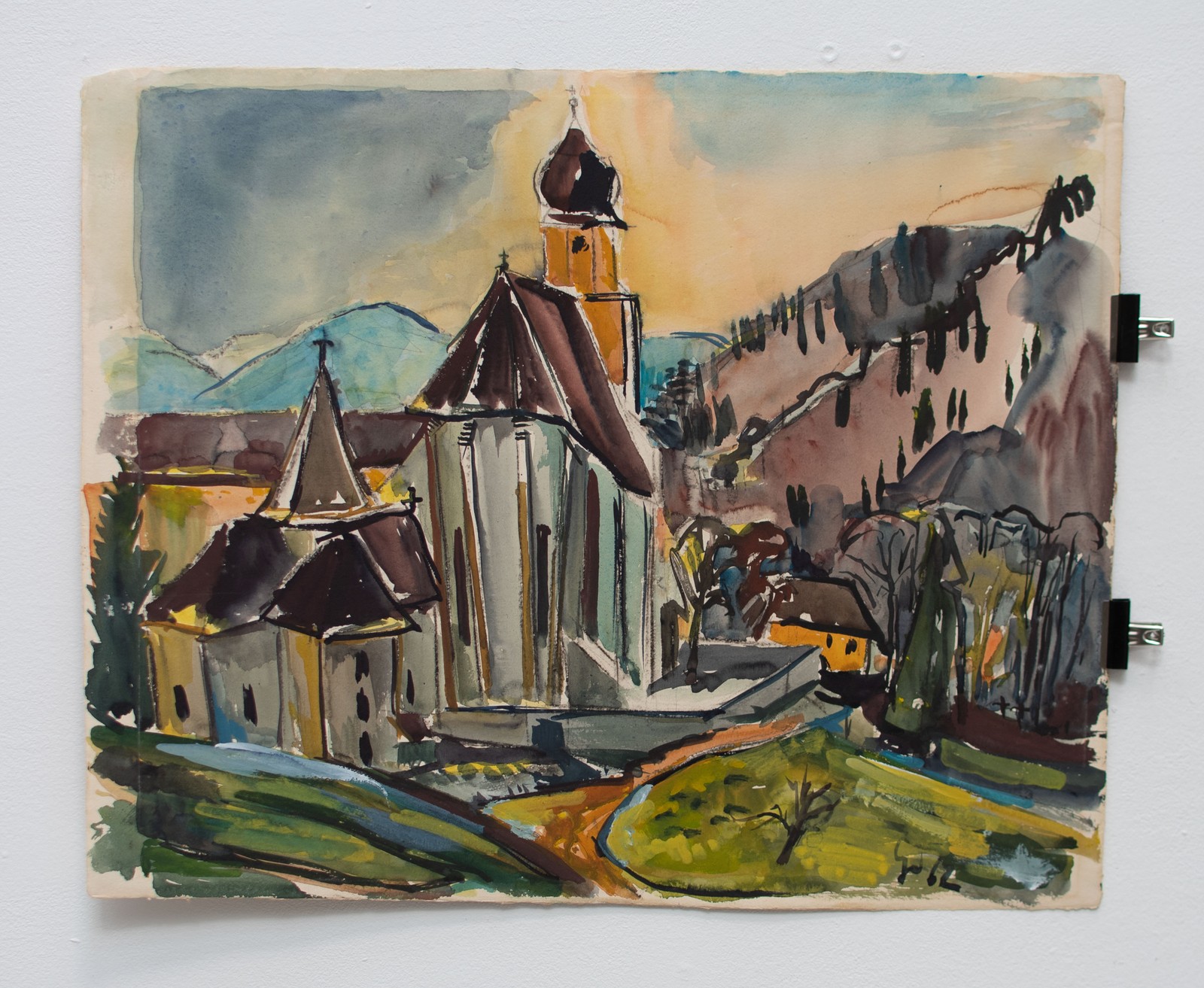 Gerhard Schulte-Dahling Monastery Mountain Landscape Postwar Sign Watercolor 1962 Large