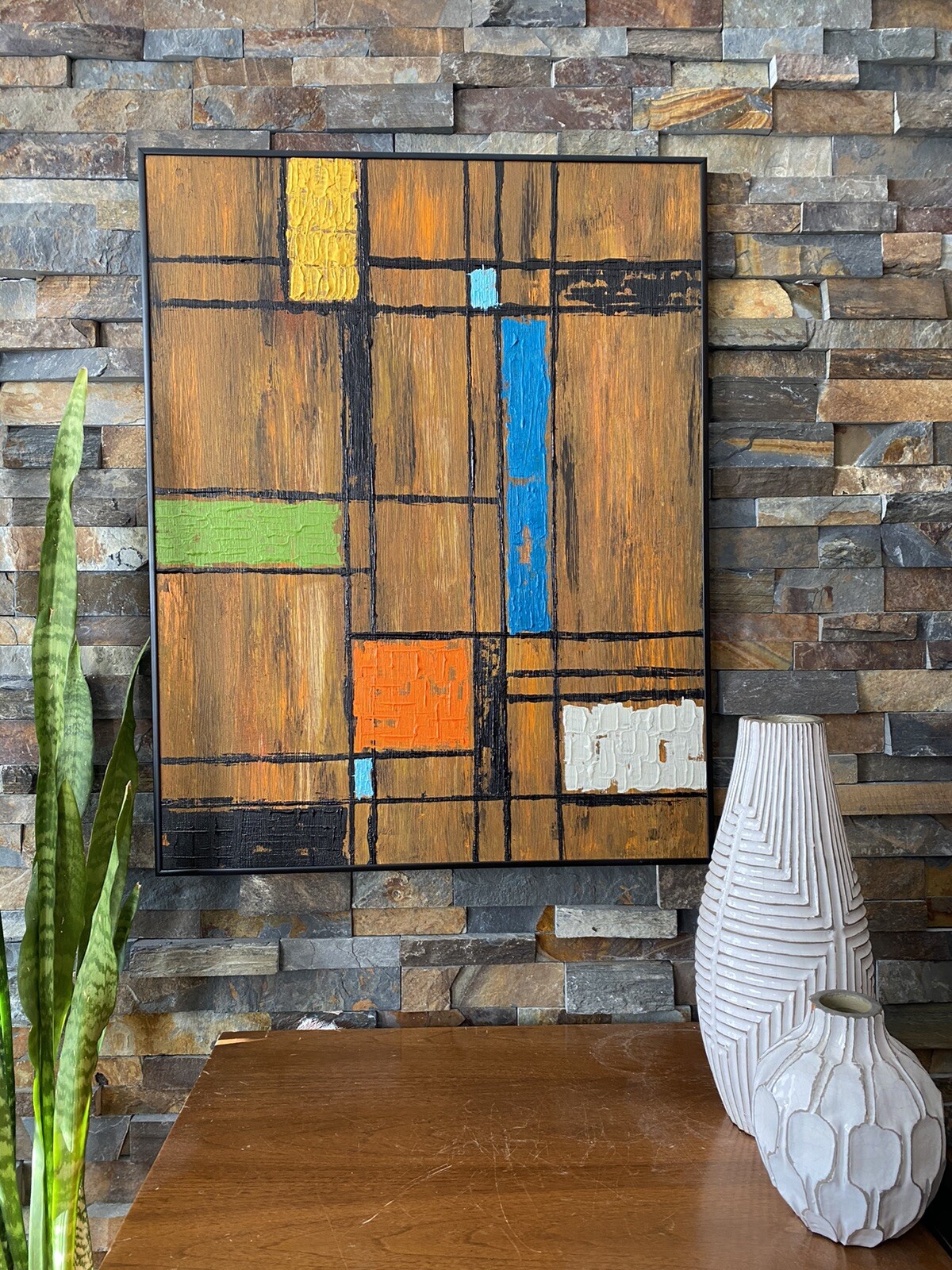 Mid Century Modern Abstract Art Acrylic Painting Yellow Blue Orange Green