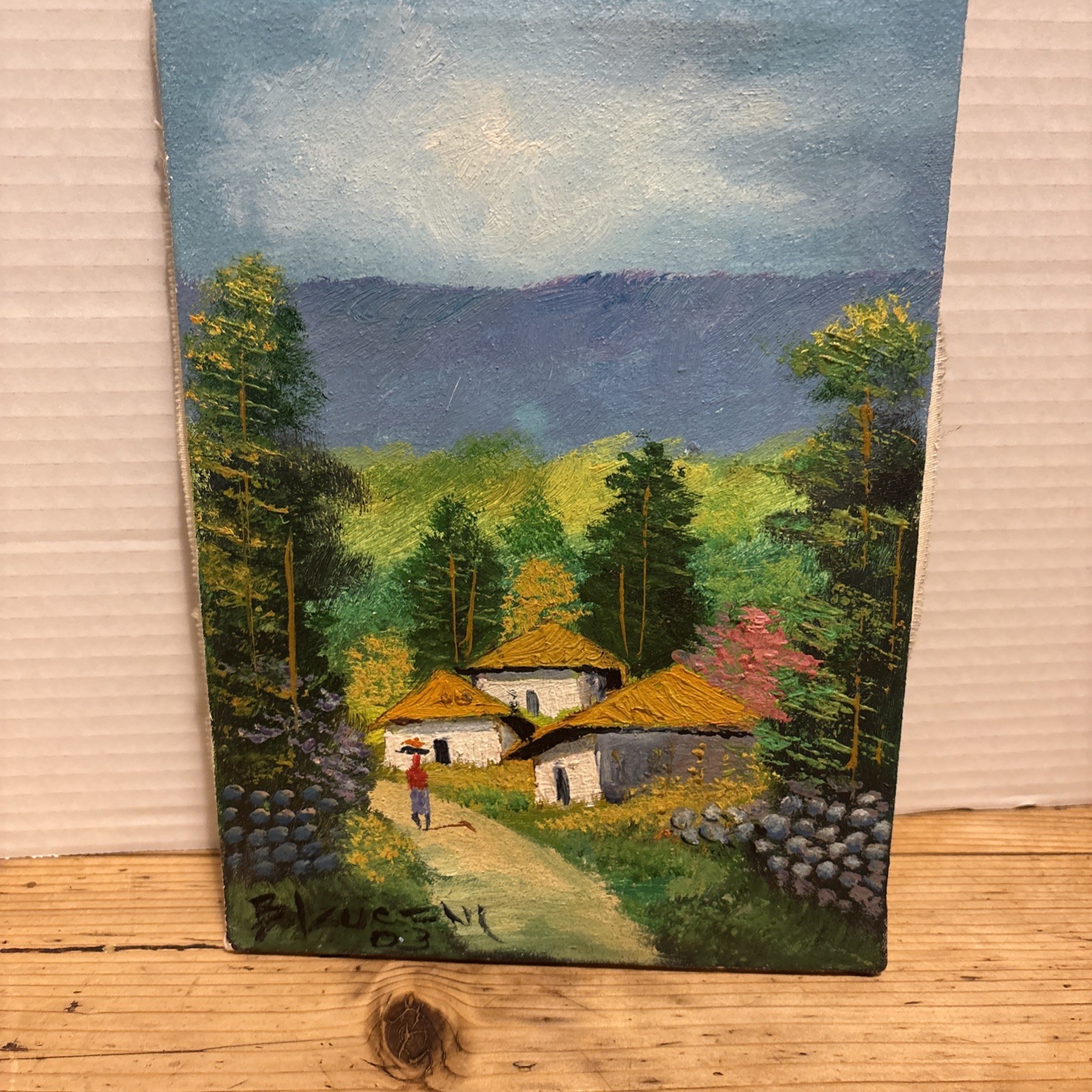Farmer Village Bright Colors Scene Landscape Oil Painting Signed 2004 7×10” (d1