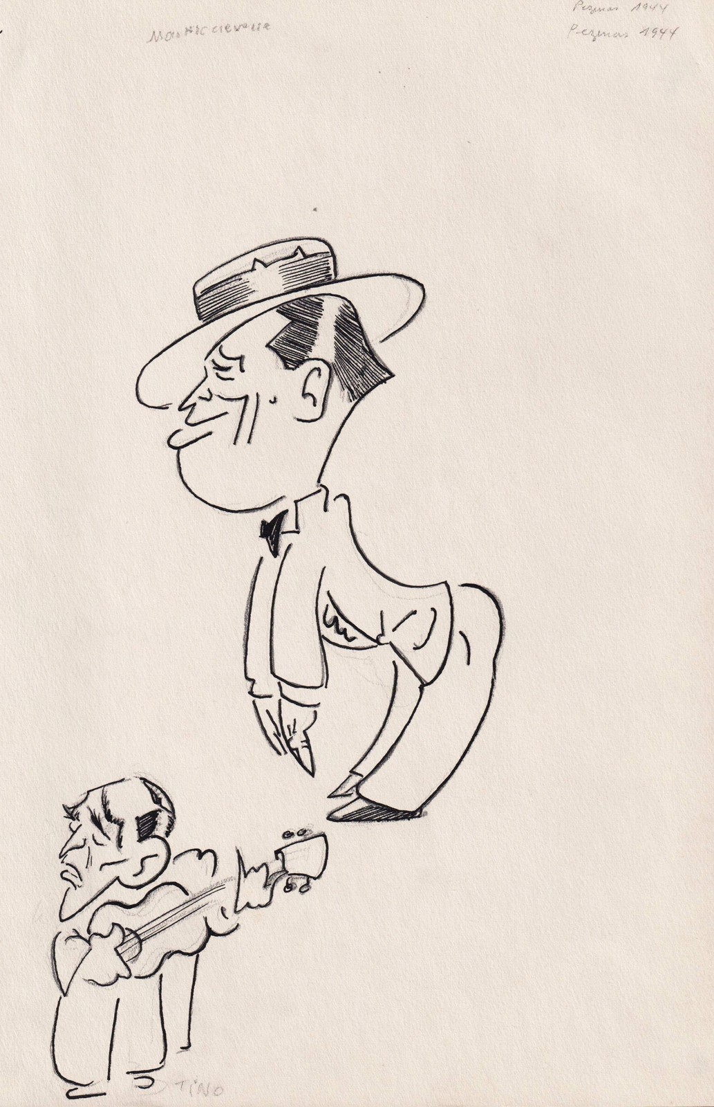 Maurice Chevalier Tino Rossi cartoon caricature drawing drawing C. Pezenas