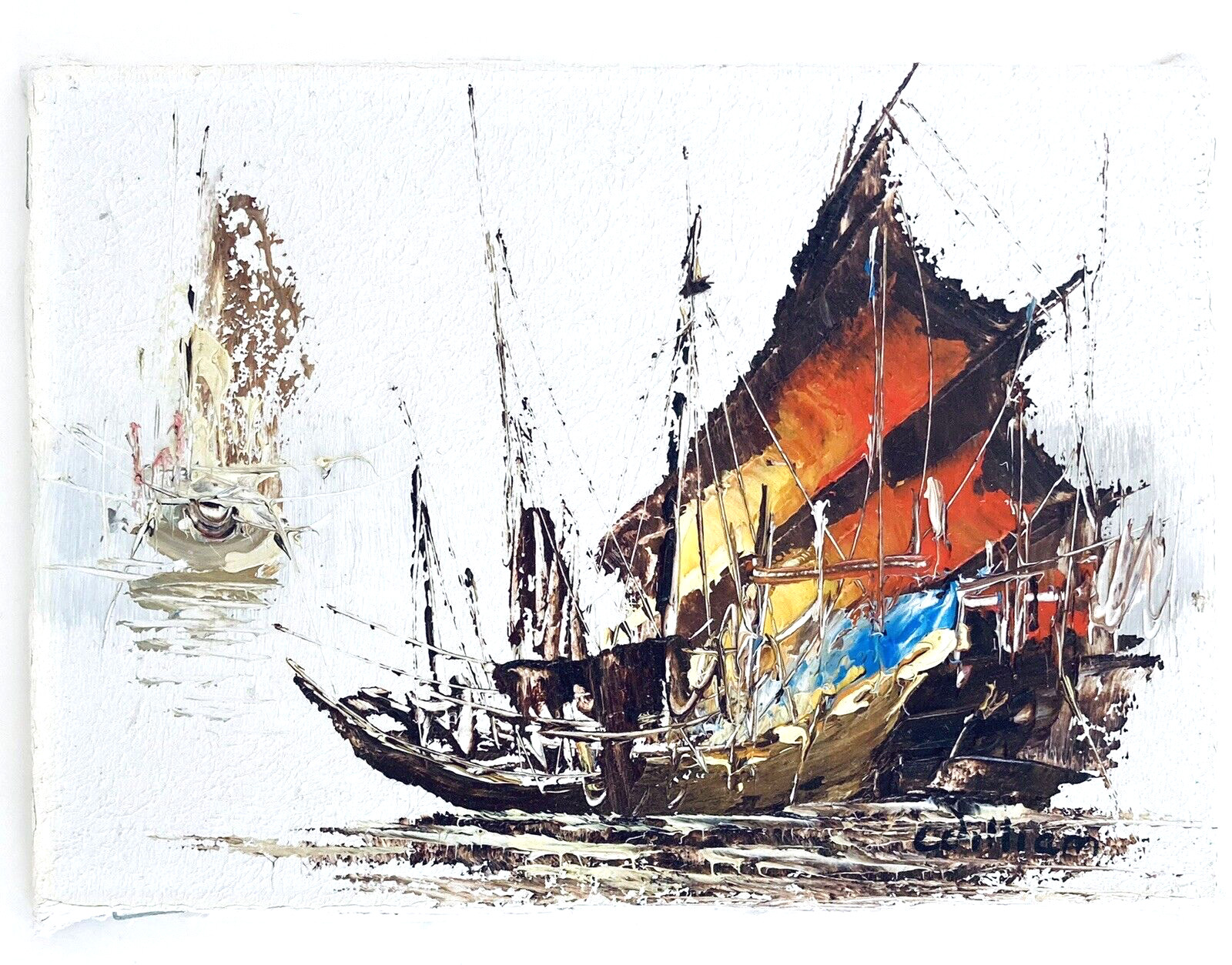1982 Wilson Ship Impasto Painting Nautical Asian Sailboat Retro Small Art Canvas