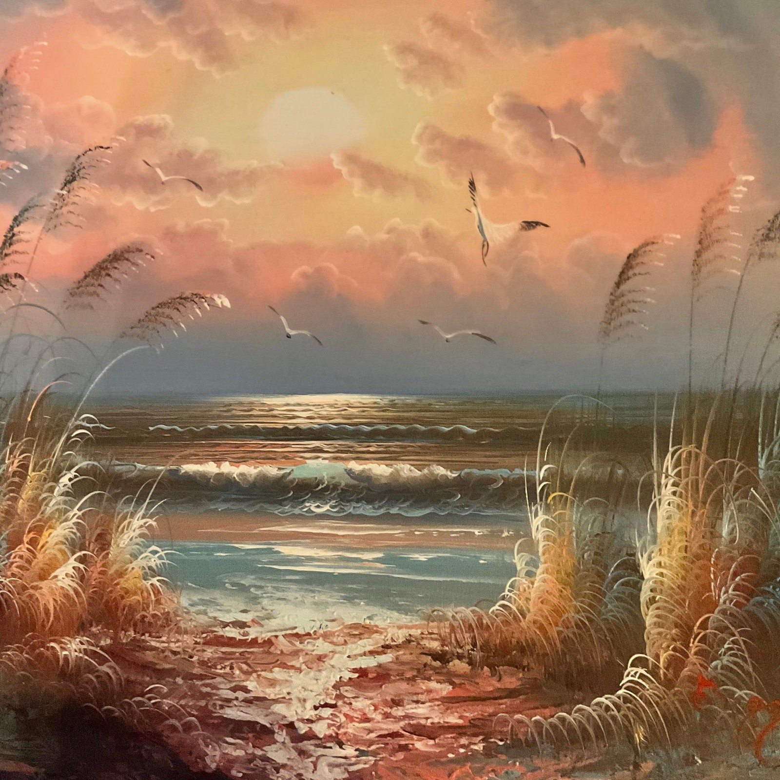 Vintage Sunset Coastline Oil Painting, Framed Seascape Art (24×20)