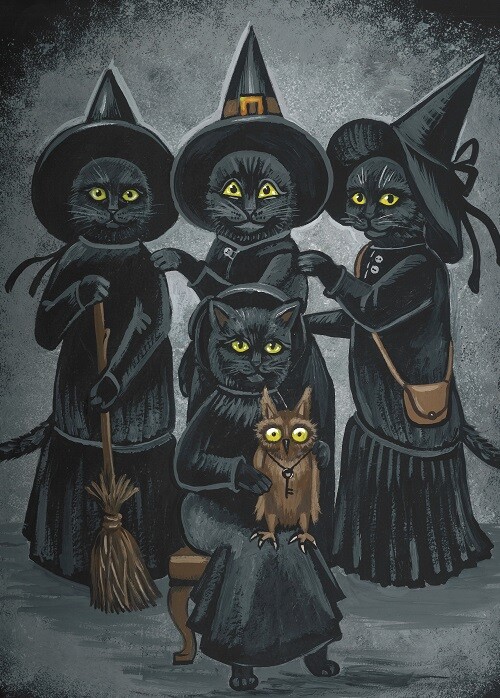 5×7 PRINT OF PAINTING HALLOWEEN RYTA BLACK CAT WITCH Owl Folk Art Vintage Style