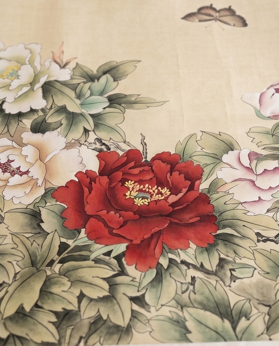 Chinese Large meticulous brushwork painting of peonies and butterfly. By LiJuan