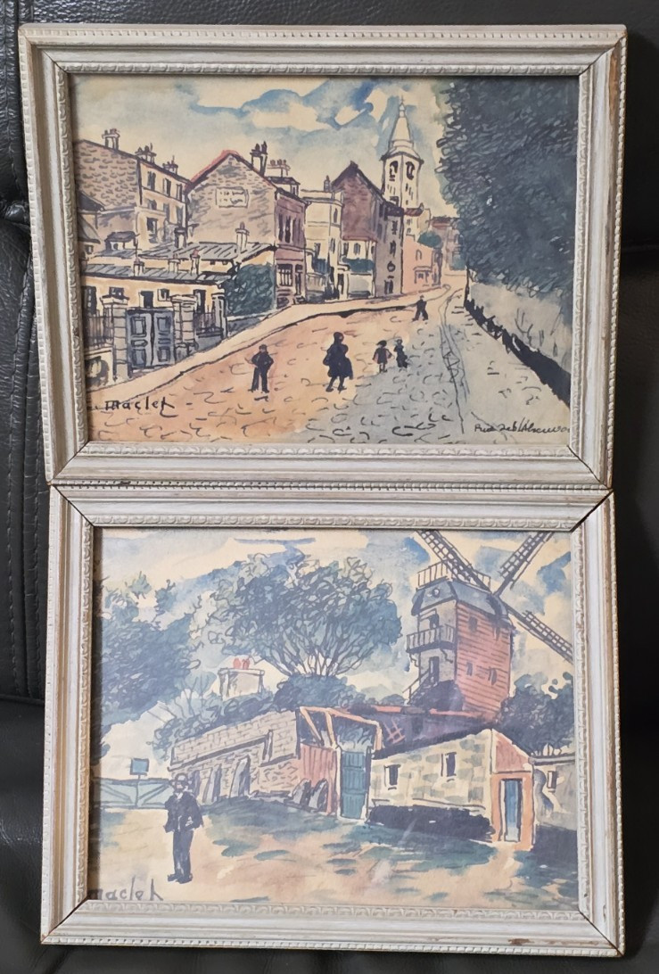 Water Color Painting «Rue de I Abreuvoir» + «Le Moulin» E. Maclet Original 10x 8