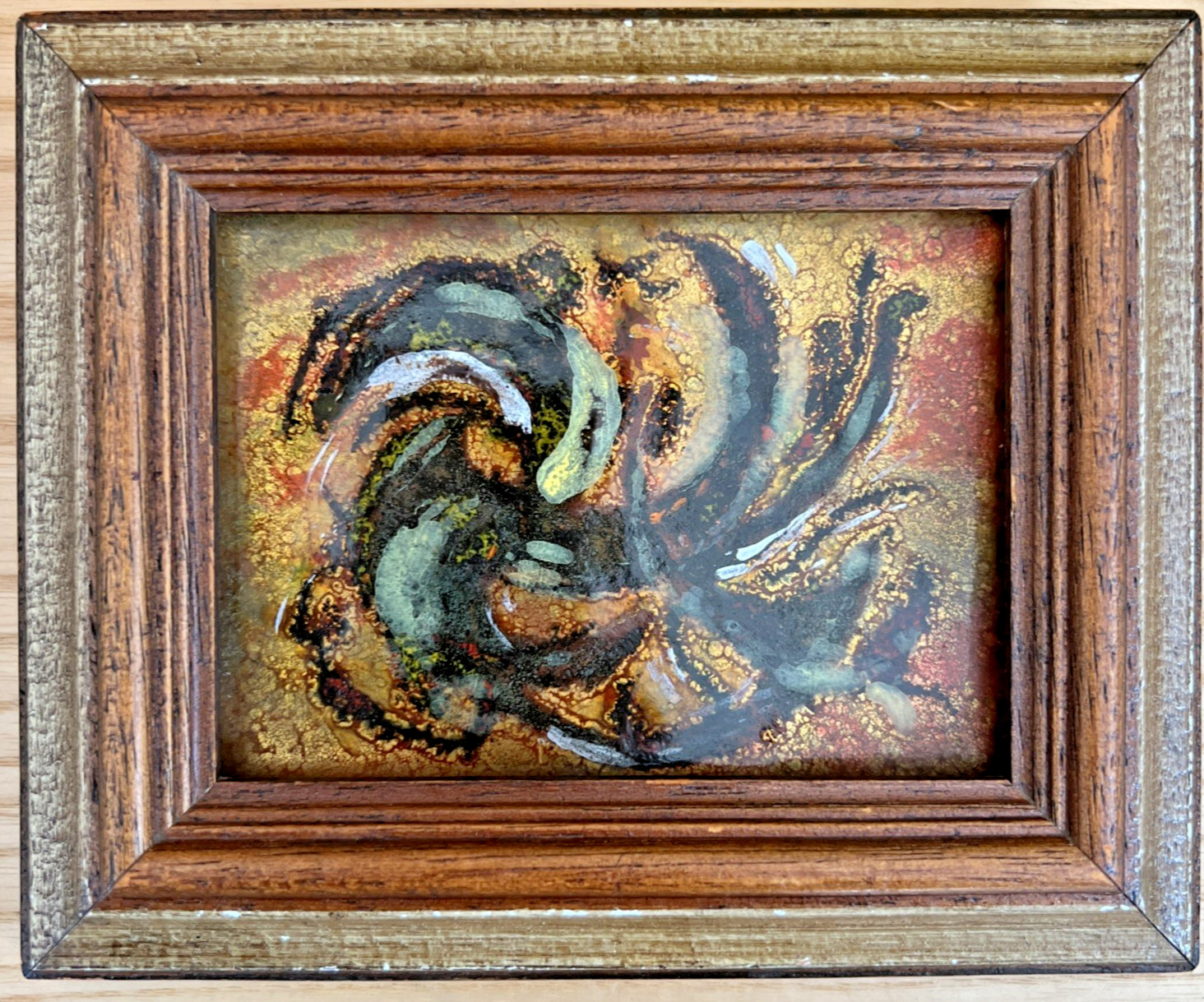 Enamel on Copper Abstract Small Original Art from CA Gold-Tone Wood Frame 1960s