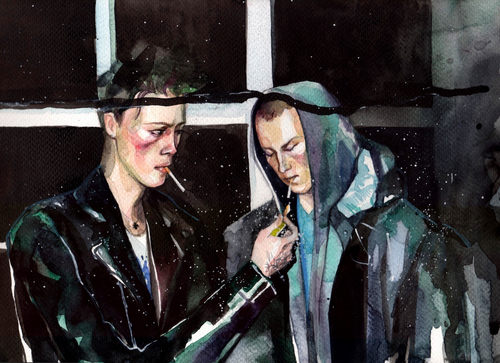 Original Watercolor Young Guys Painting Urban Scene Small Artwork