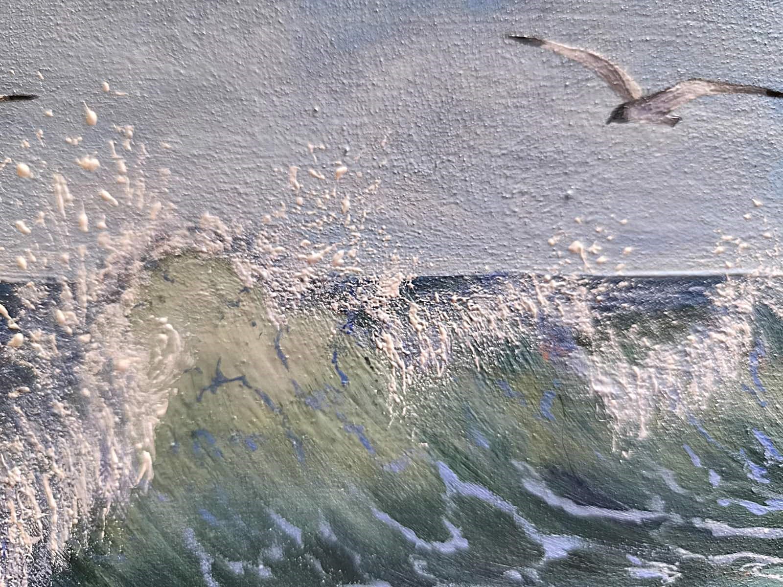 TEXTURED IMPASTO OIL Original Art Painting BERDS WAVES SKY Landscape Seascape A4