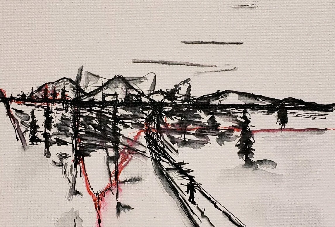 Original Abstract Minimal Impressionistic Landscape Ink Painting By K.A.Davis
