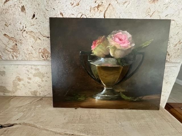ROSES WITH METAL POT OIL Painting Art Floral Still Life 8X10