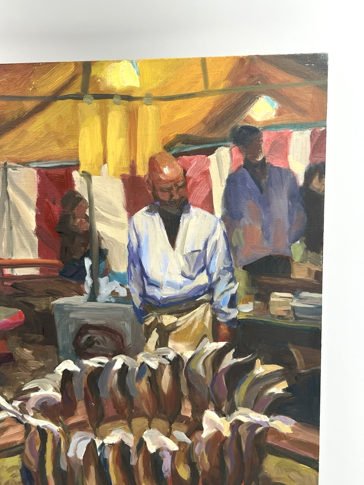 Orig Expressionist Fish Market Oil Painting 12×18 Wood Panel Art Asian Street