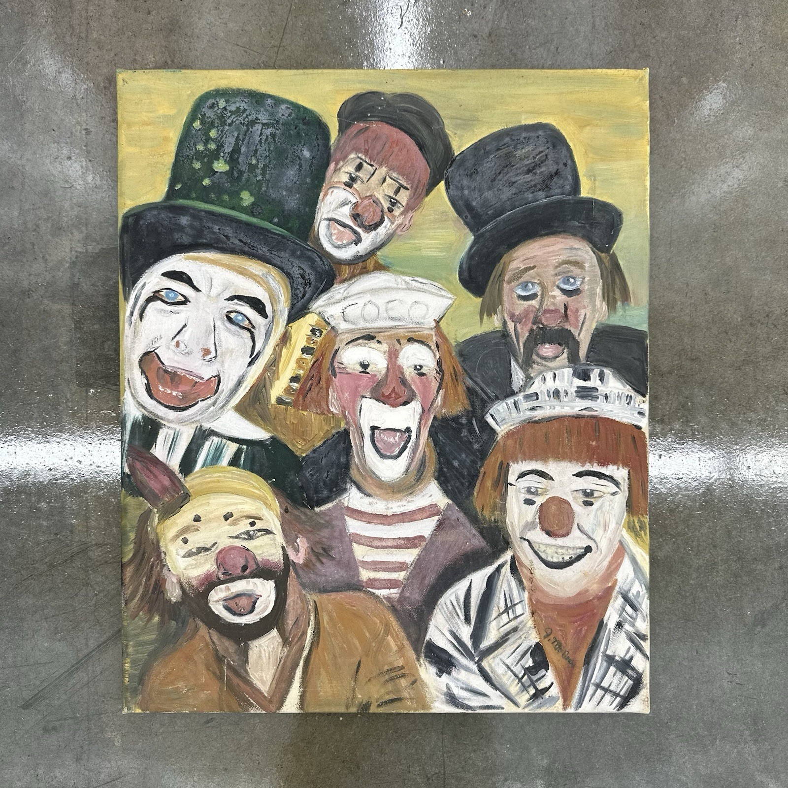 Vintage Oil On Canvas Coco And Friends Clown Painting Wooden Frame 17 X 20.5