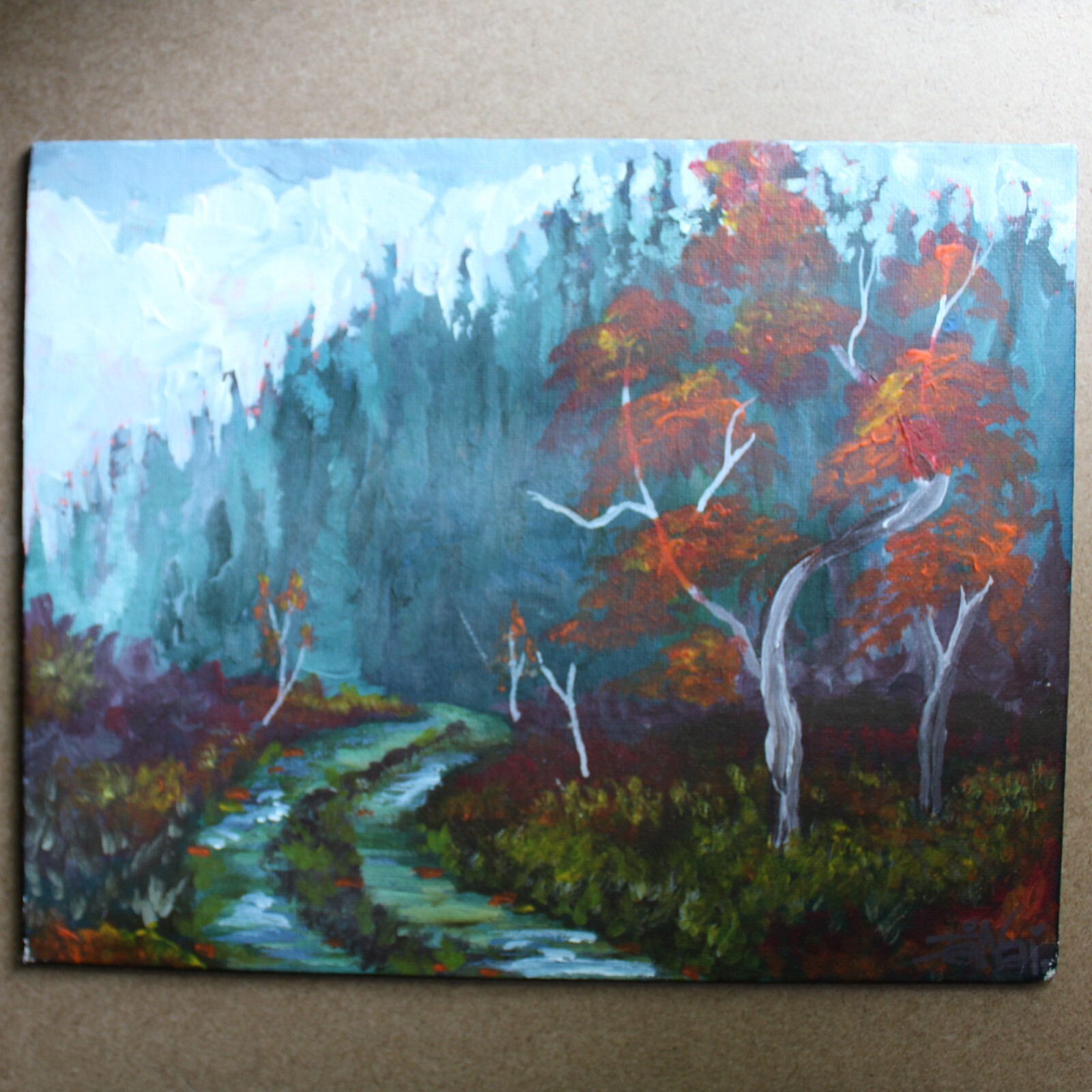Fall Autumn Red Orange Yellow Leaves Pine Forest Trail Original ArtByJanai