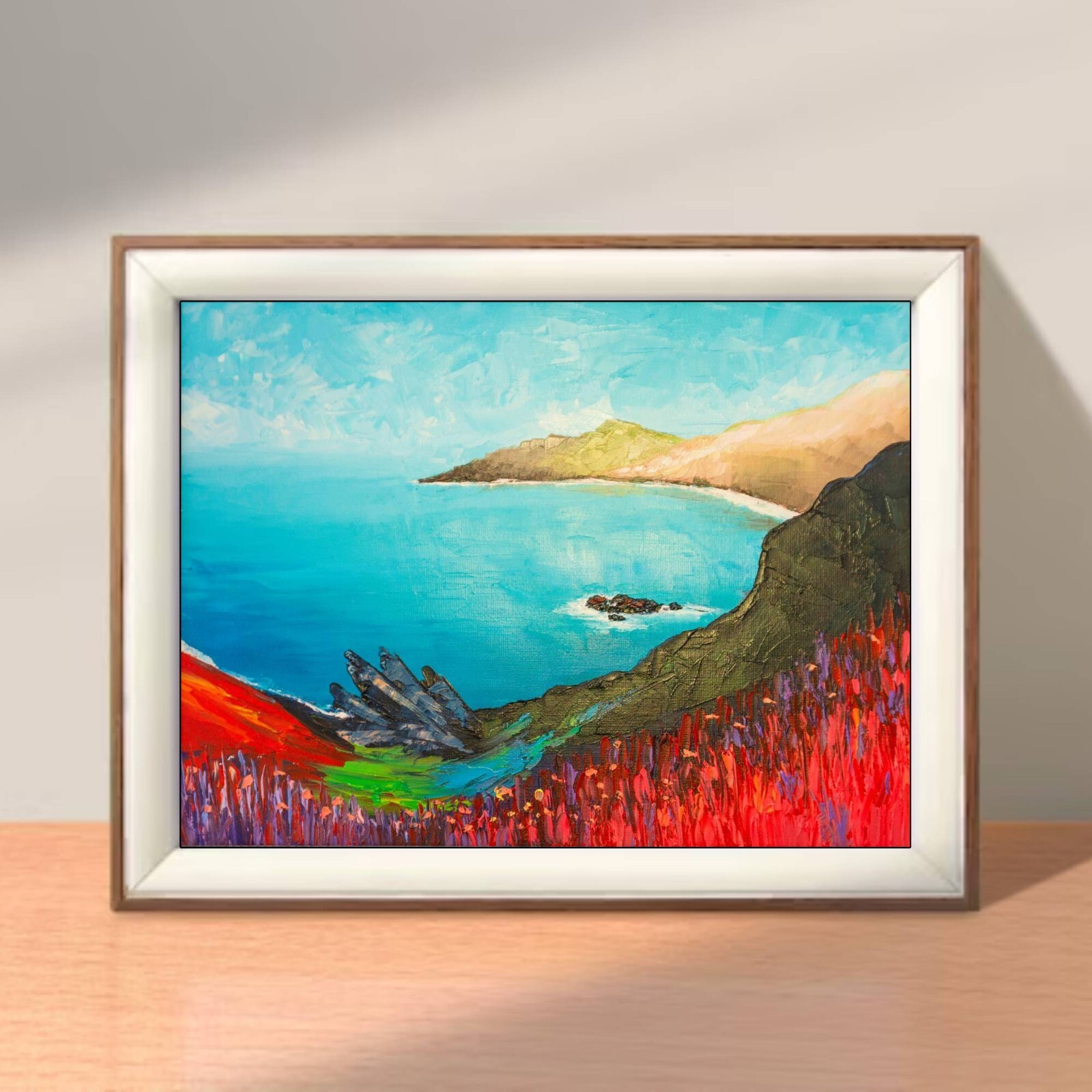 Ocean Cliff Wildflower Landscape Painting Big Sur California Original Wall Art