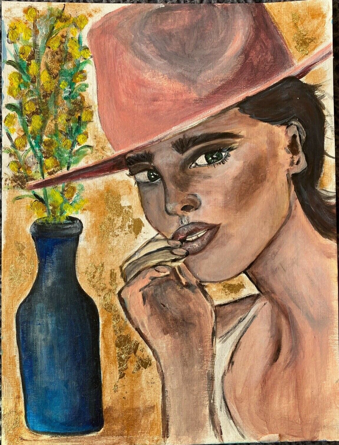 ORIGINAL MODERN ACRYLIC and Gold Leaf on Paper PAINTING «Woman in Hat» 11.5×9