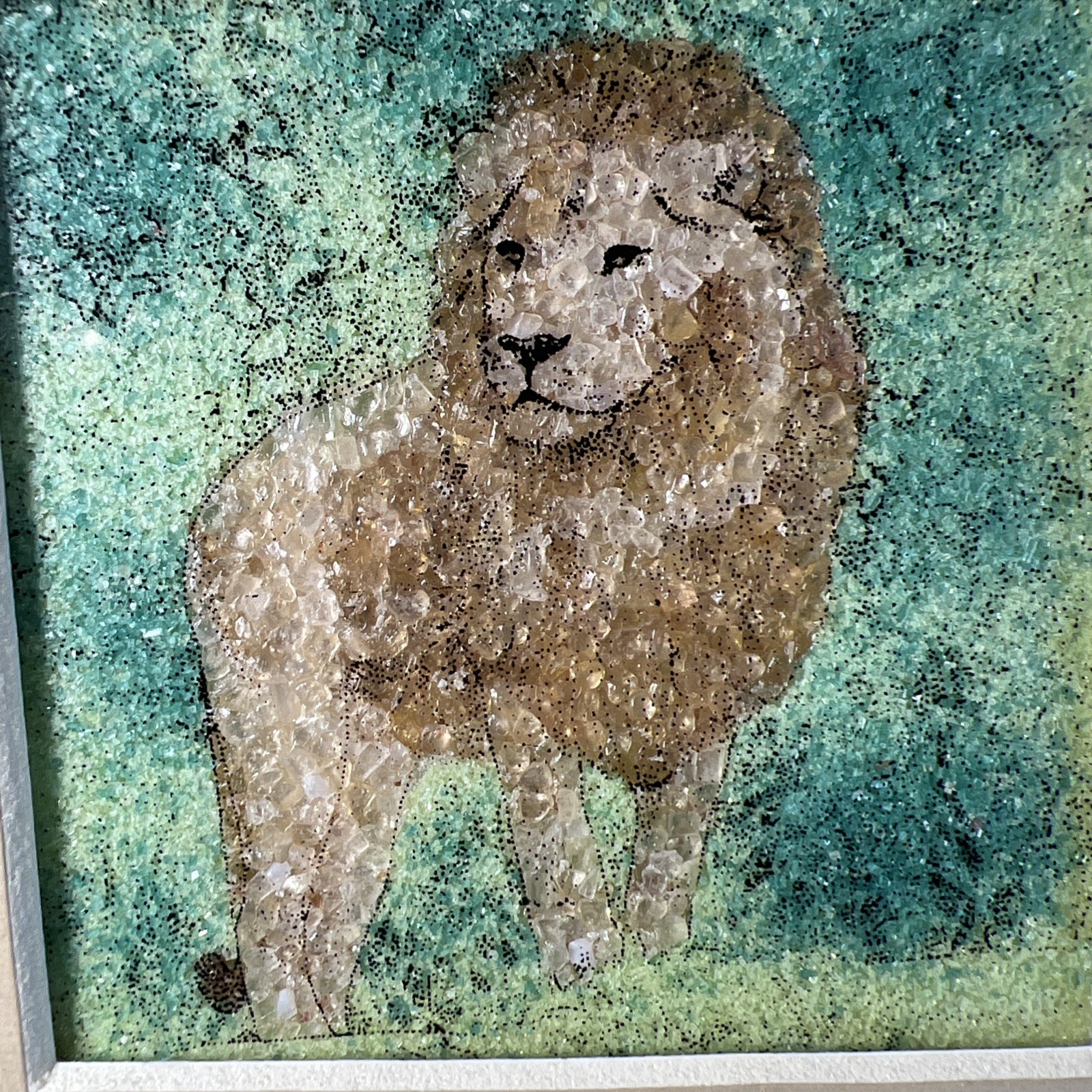 Finely Crushed Gemstone Painting Picture Zircon Leo Lion 9” X 9” NOS