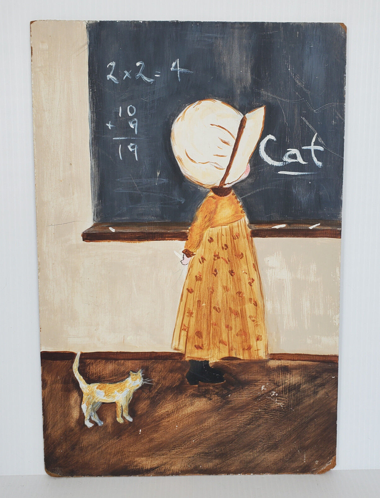 Primitive School House Girl Spelling Cat Chalkboard Math 18×12 Acrylic? Painting