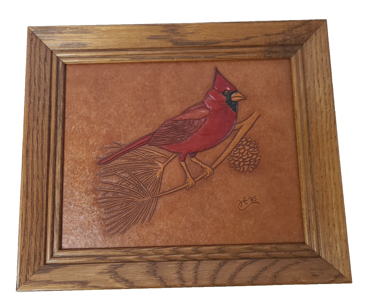 Vintage Red Robin Picture Wall Art Engraved Burnt Wood Signed Framed Hand Made