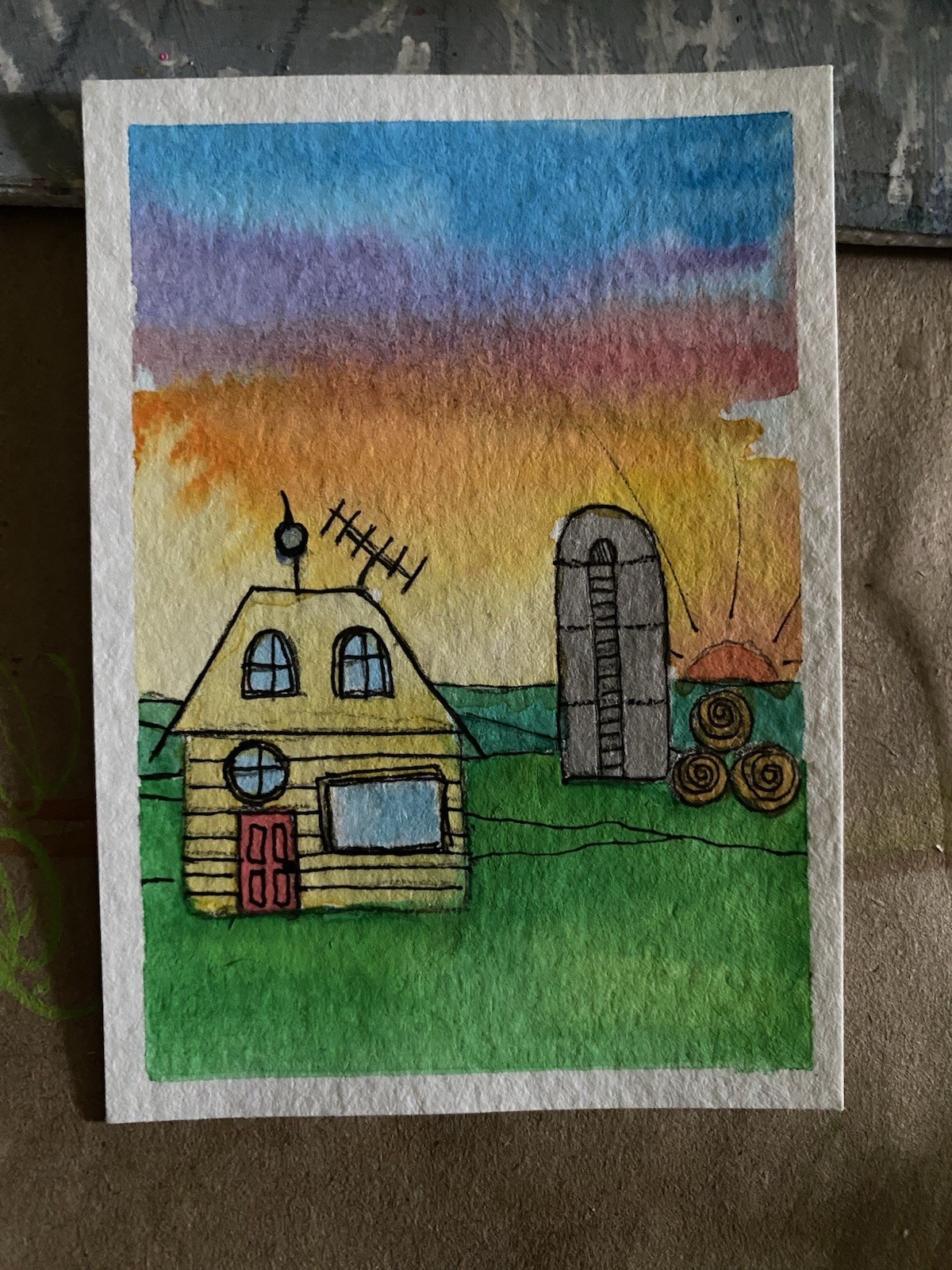 Farm House Hay Silo Sunset Nature watercolor painting paper ACEO mini Artwork