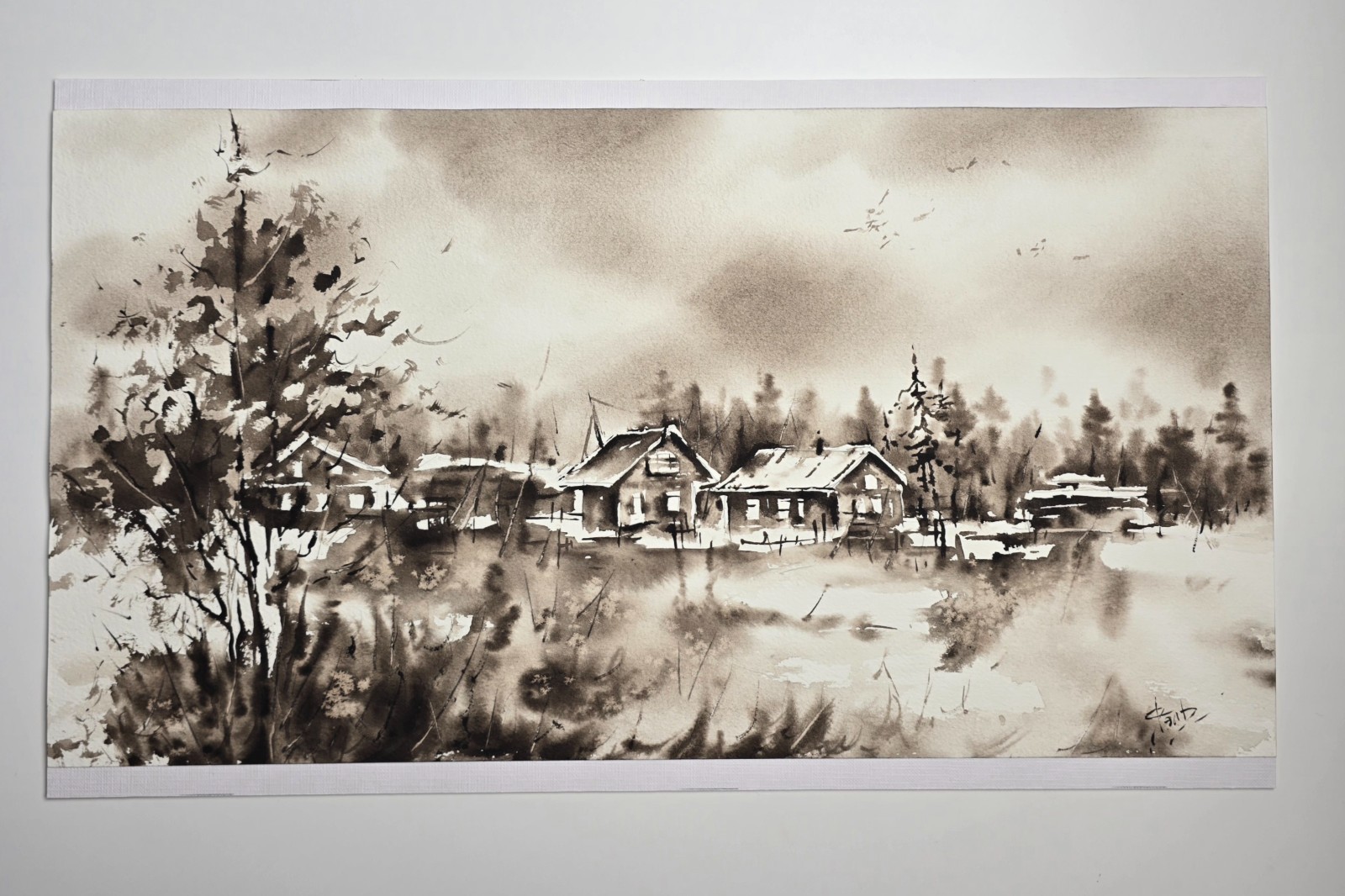 Original Watercolor Triptych Winter Wall Art, Monochrome Village Snow Landscape