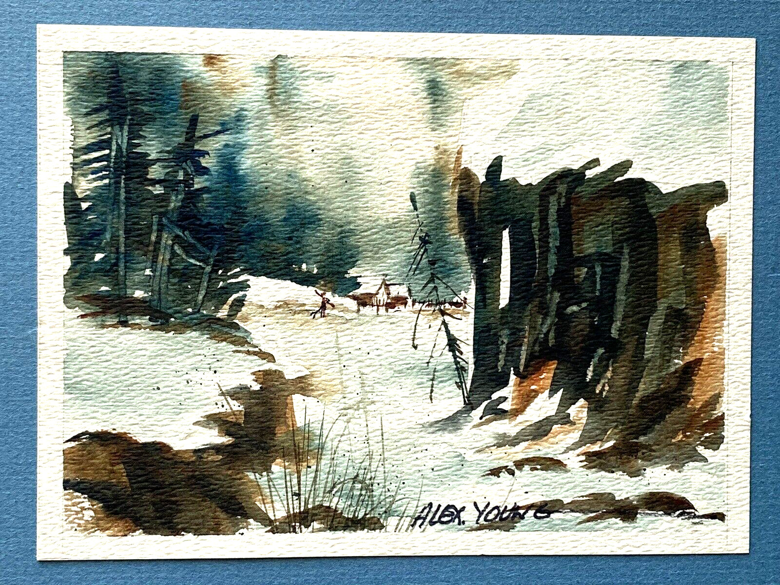 Alex Young Original Watercolor Painting Art Print Winter Snow Landscape 1977