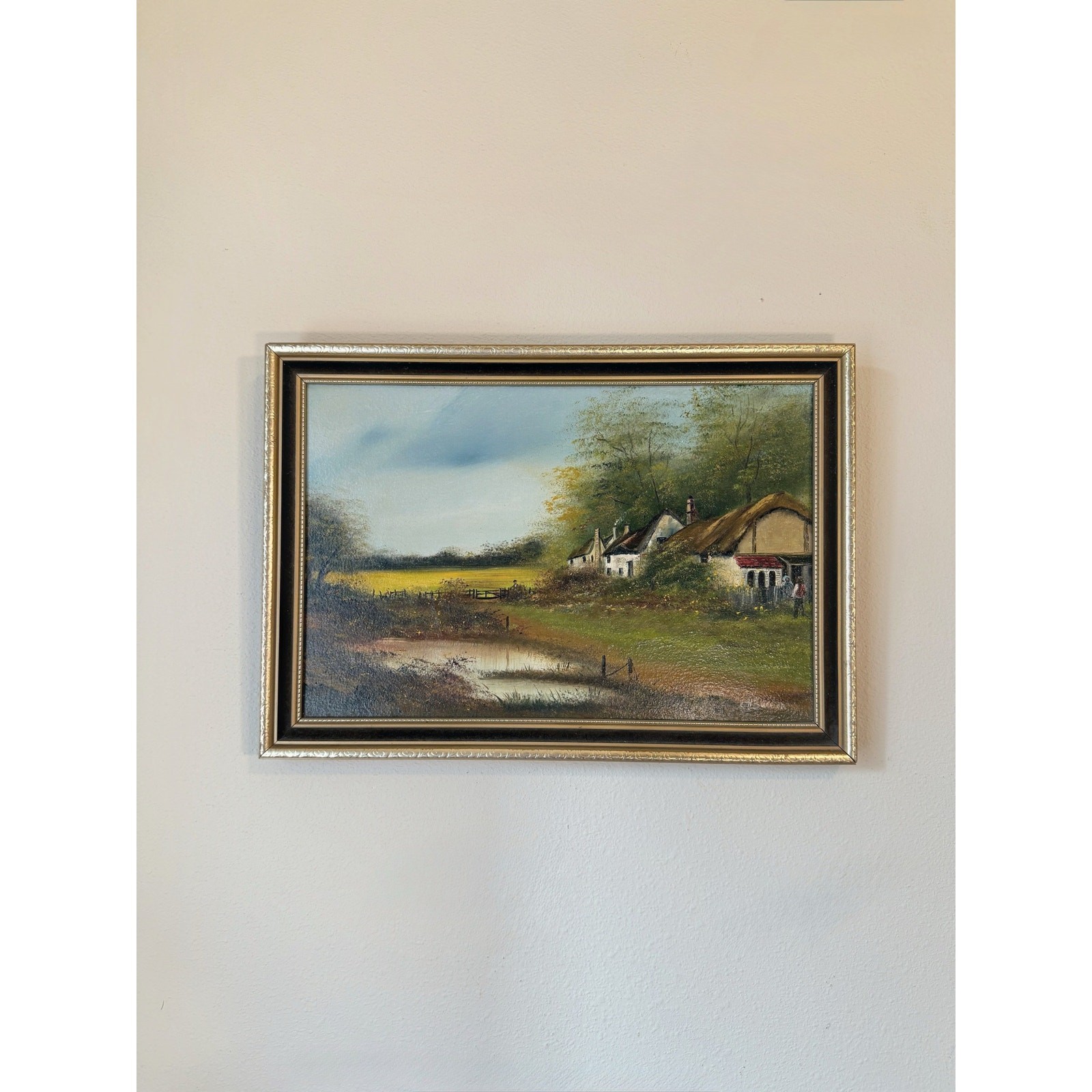 Vintage H Burden Oil Painting Original English Thatched Cottage Landscape Framed