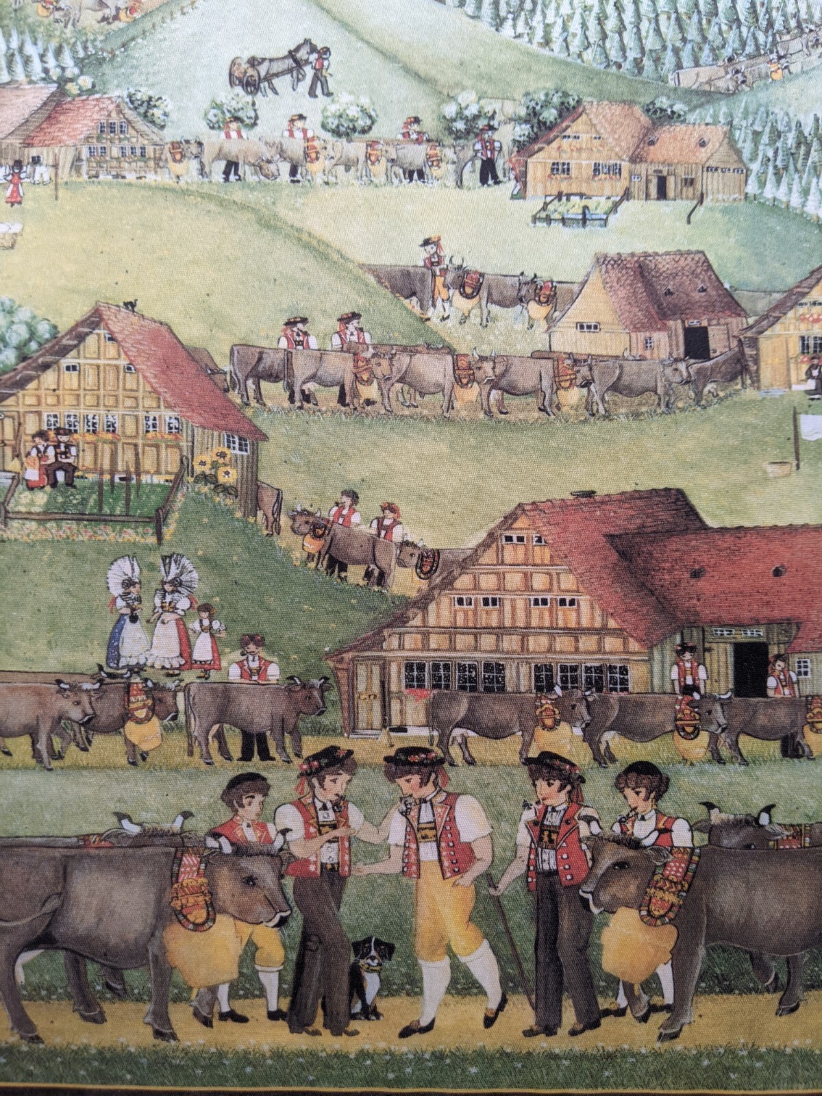 Authentic Signed Swiss Art Boys & Girls Cows Mountains Painting Print