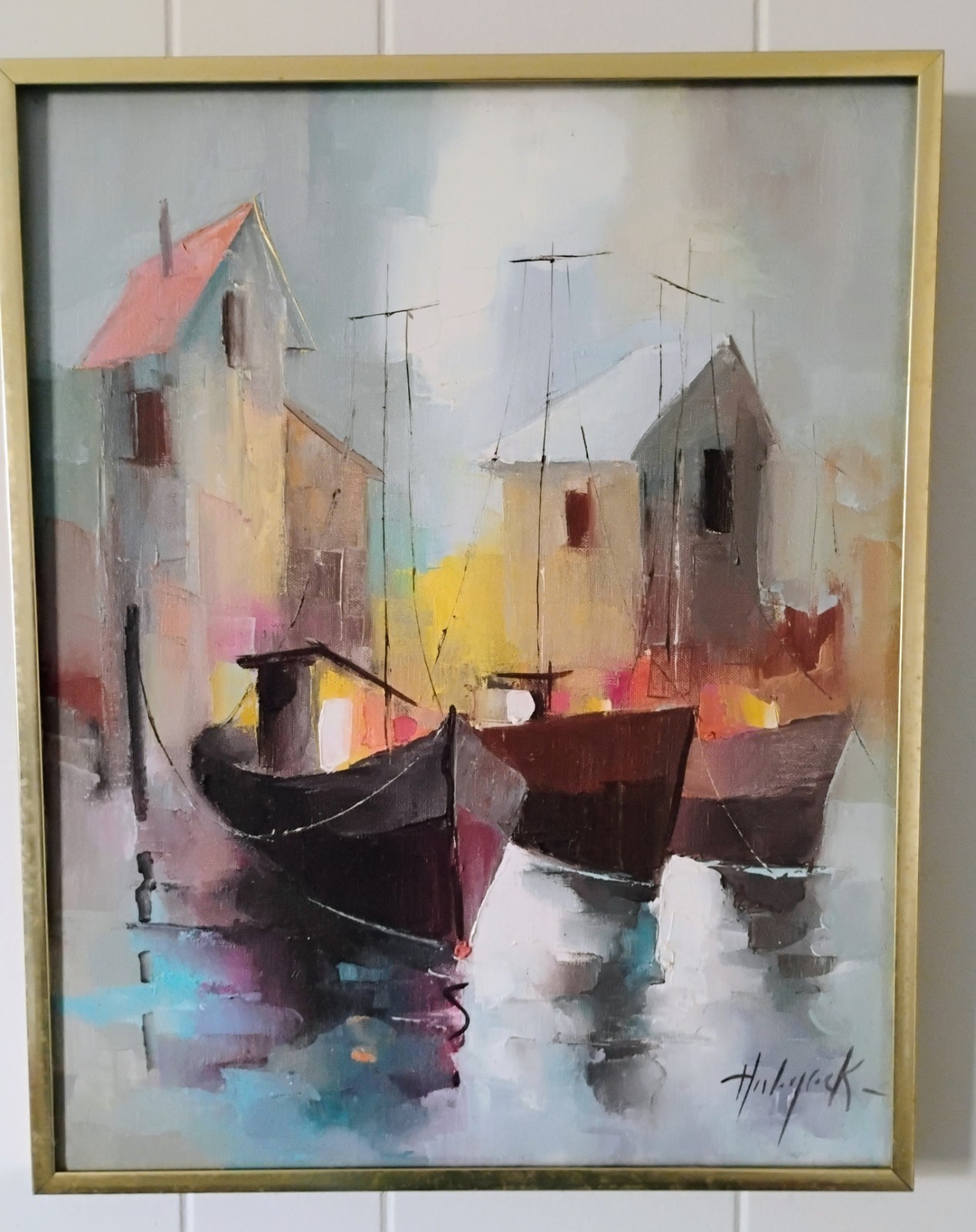 Louise Hubyack (American, 1916-1991) Oil Painting Sailboats Houses Scene 16×20″