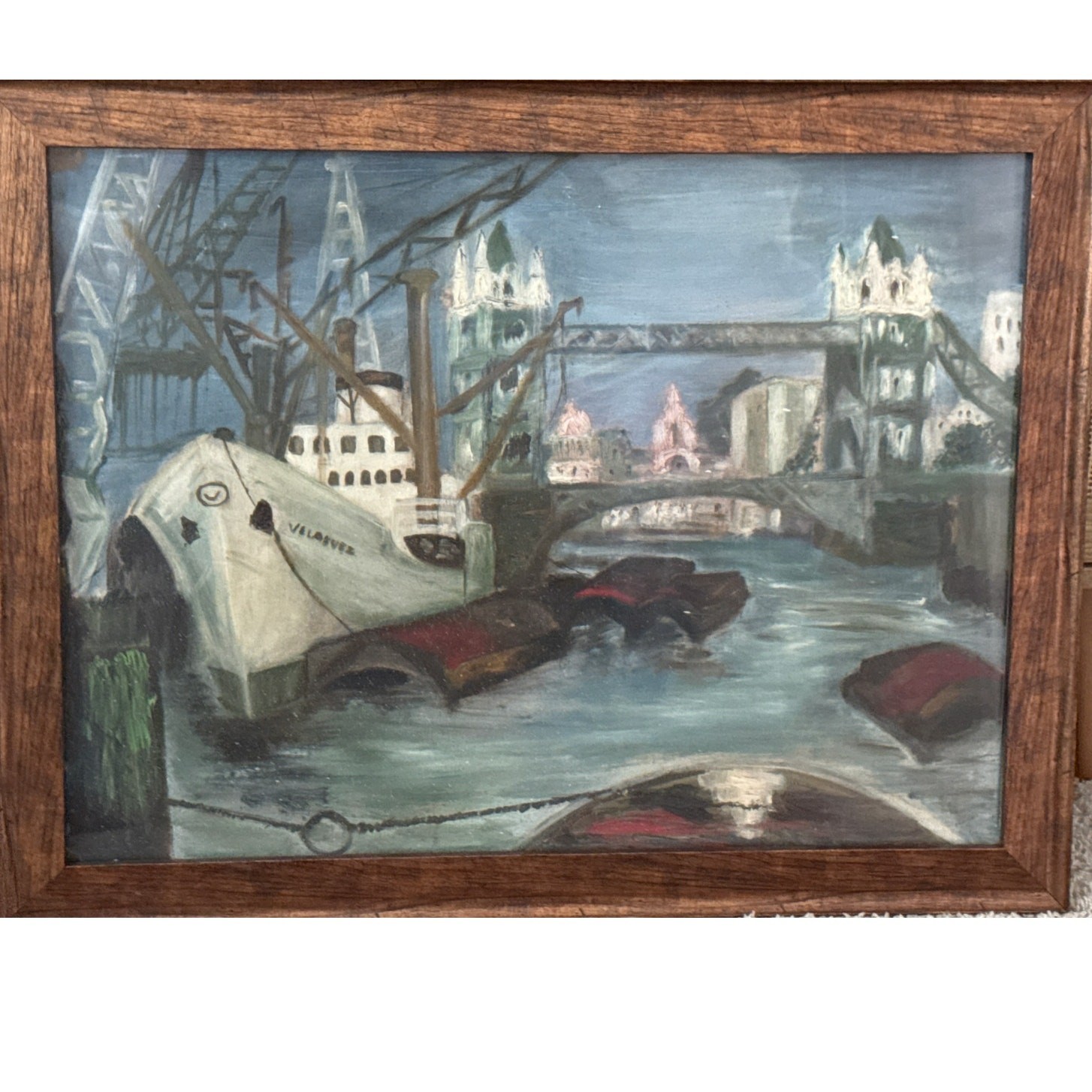 Vintage London Harbor Painting Framed | Moody River Scene with Bridge & Boats