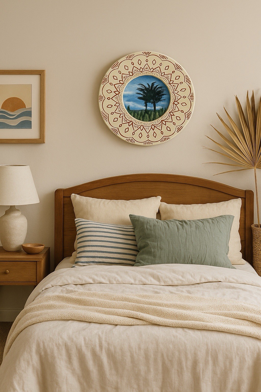 California Cypress Tree Painting Framed Round Coastal Landscape Wall Art