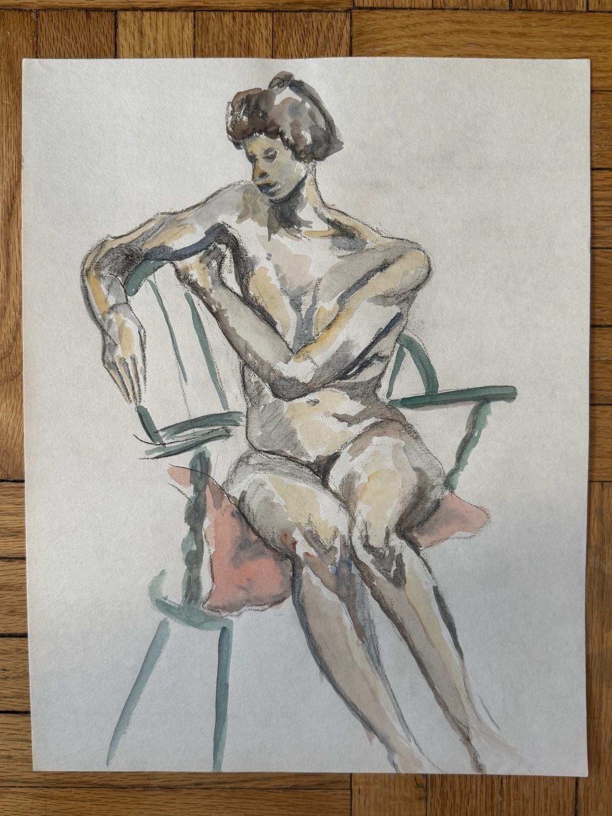 Vintage 1960s Watercolor Painting Portrait Woman Seated Study 11 x 14 OOAK
