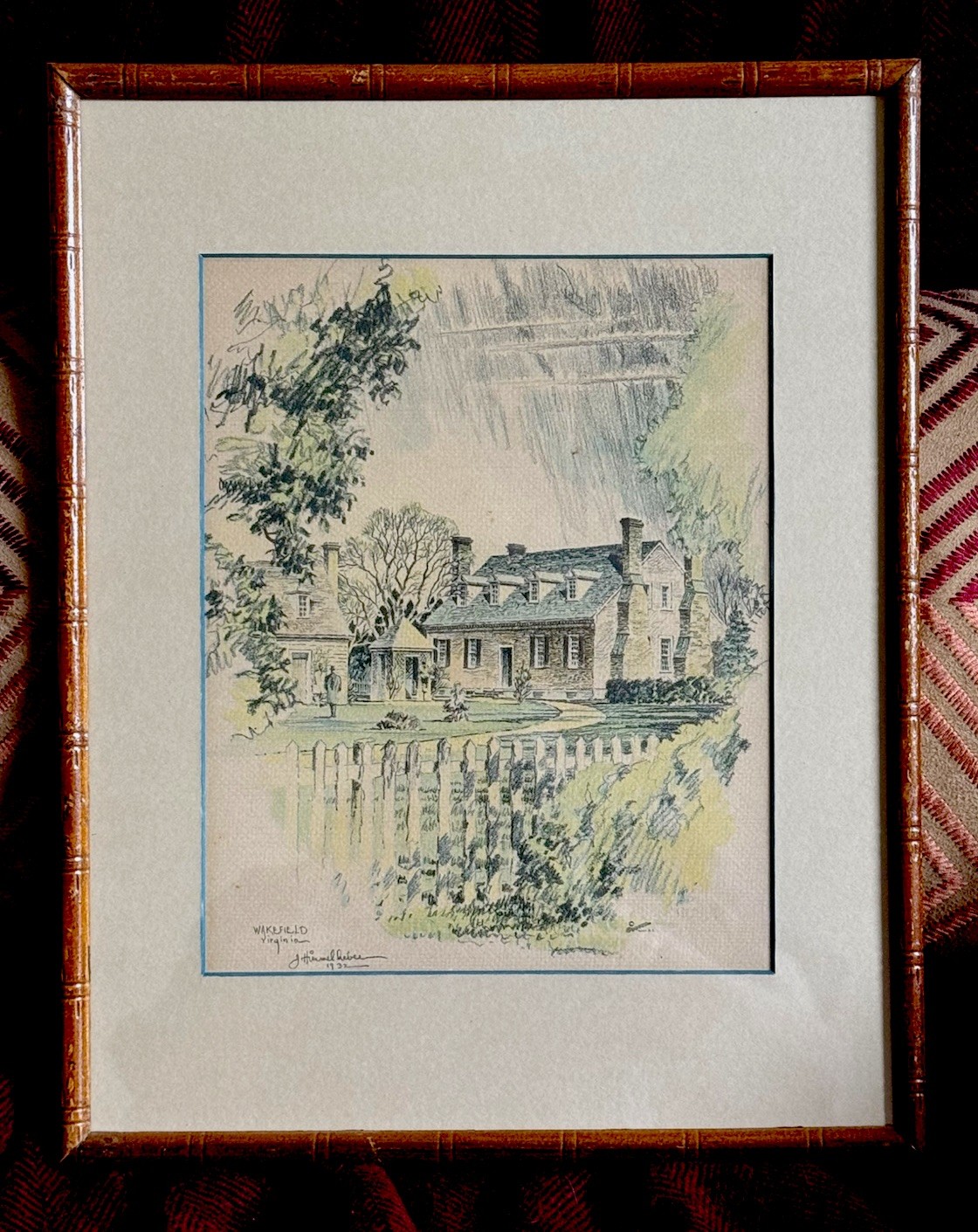 1932 Drawing Birthplace George Washington «Wakefield House» , Virginia. Signed