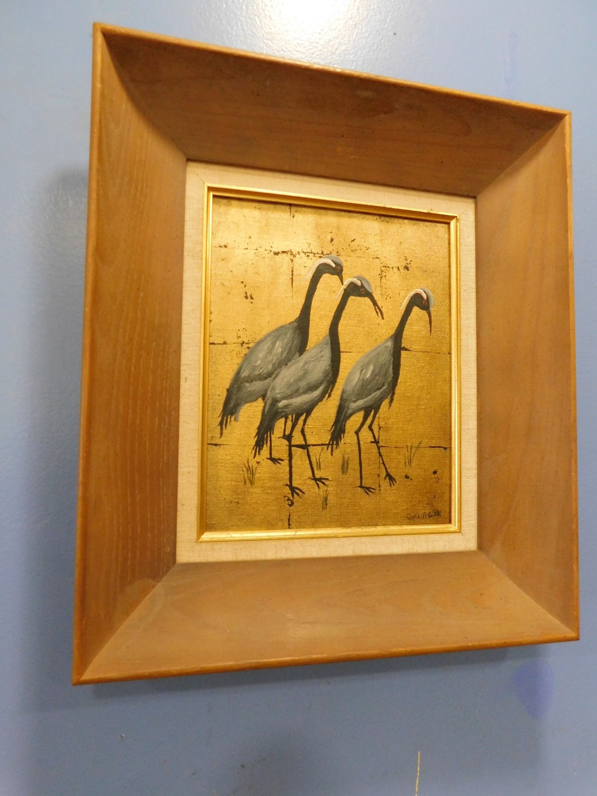 Vintage Mid Century Oil Painting of Cranes on Gold Background signed C. Kurgan