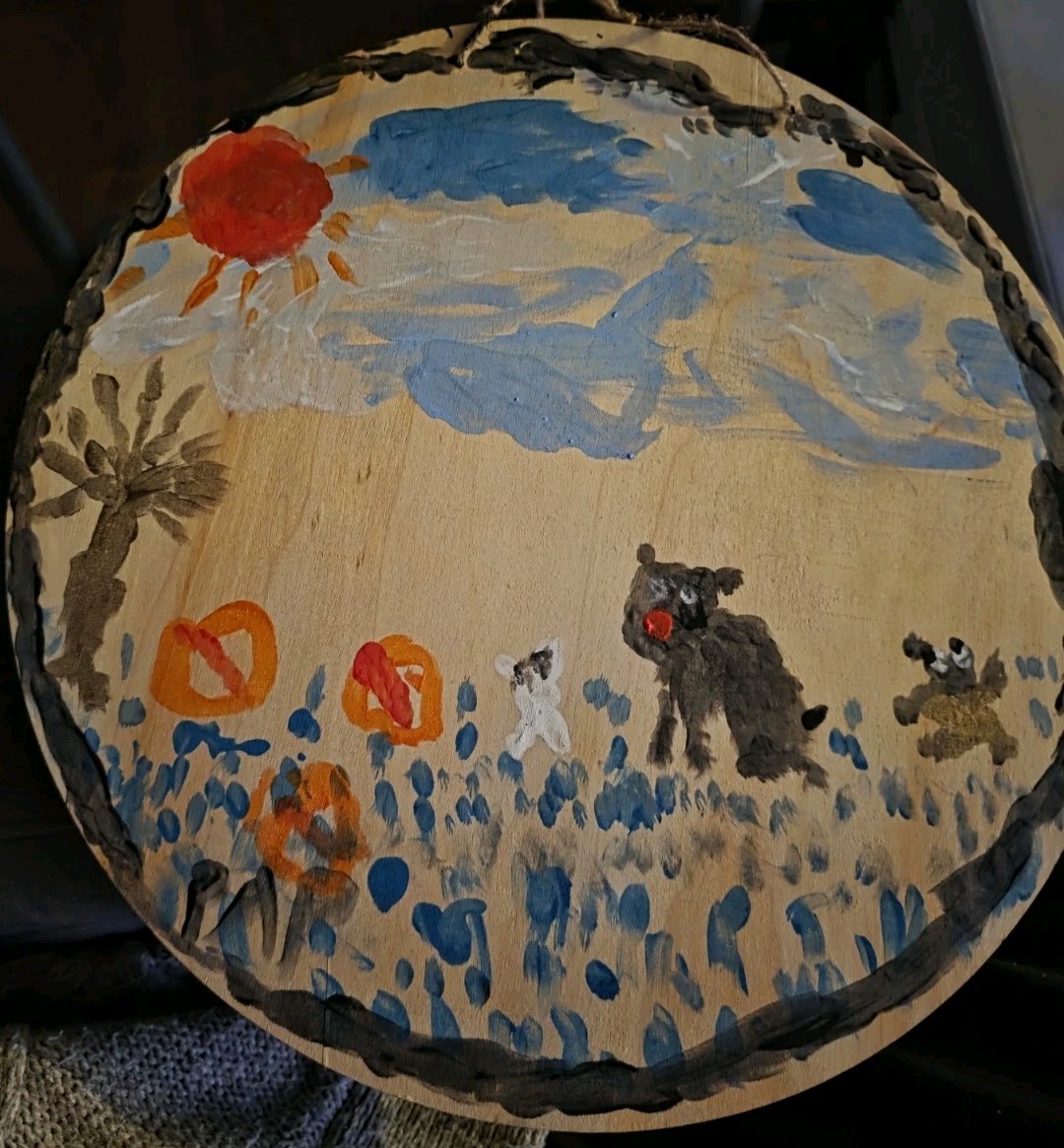 Original Water Color «WEEZY AT PLAY» 13″ ROund On Wood SIGNED