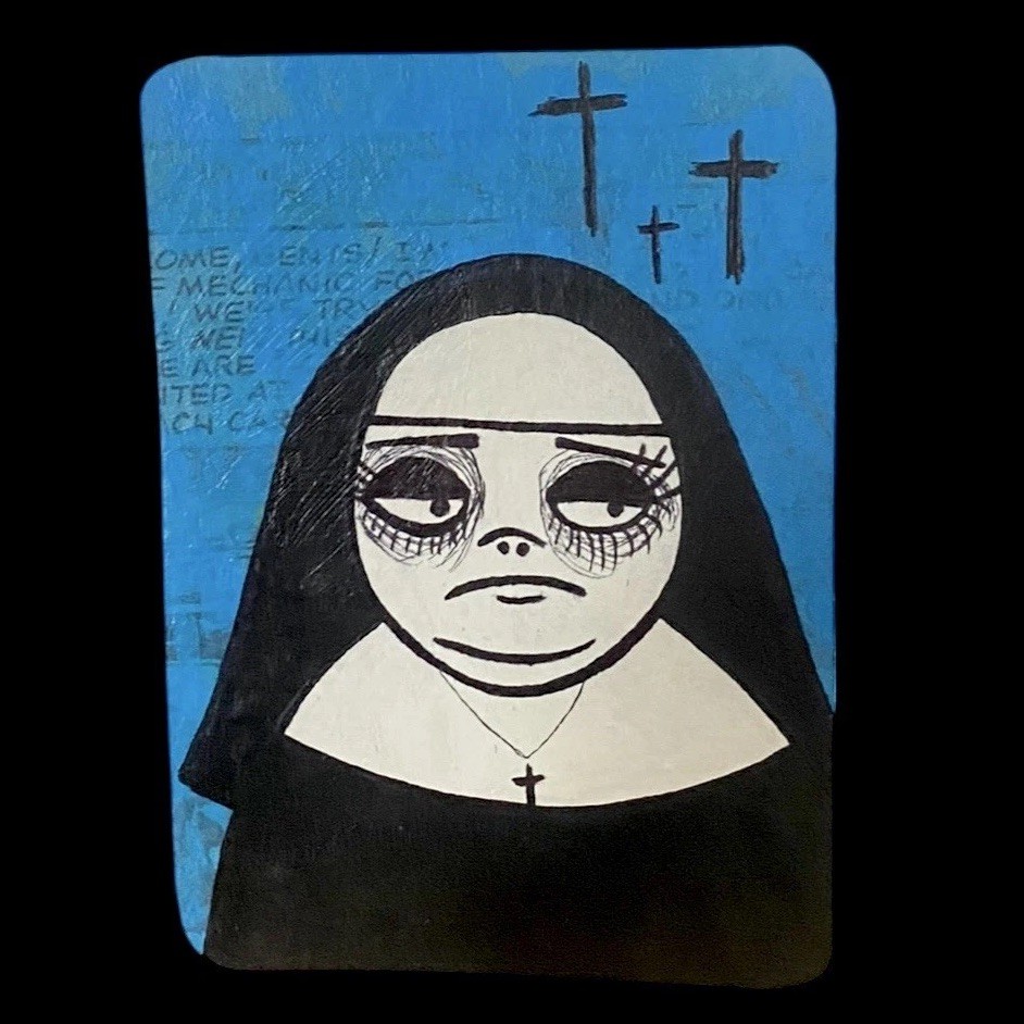 ACEO Mini Original Painting Sad Nun #55 Small Oddity art Gothic Horror