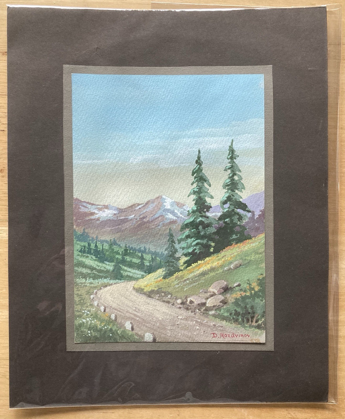 Vintage D. Mozdvinov Signed Alpine Landscape Painting – Mat 12”x10”
