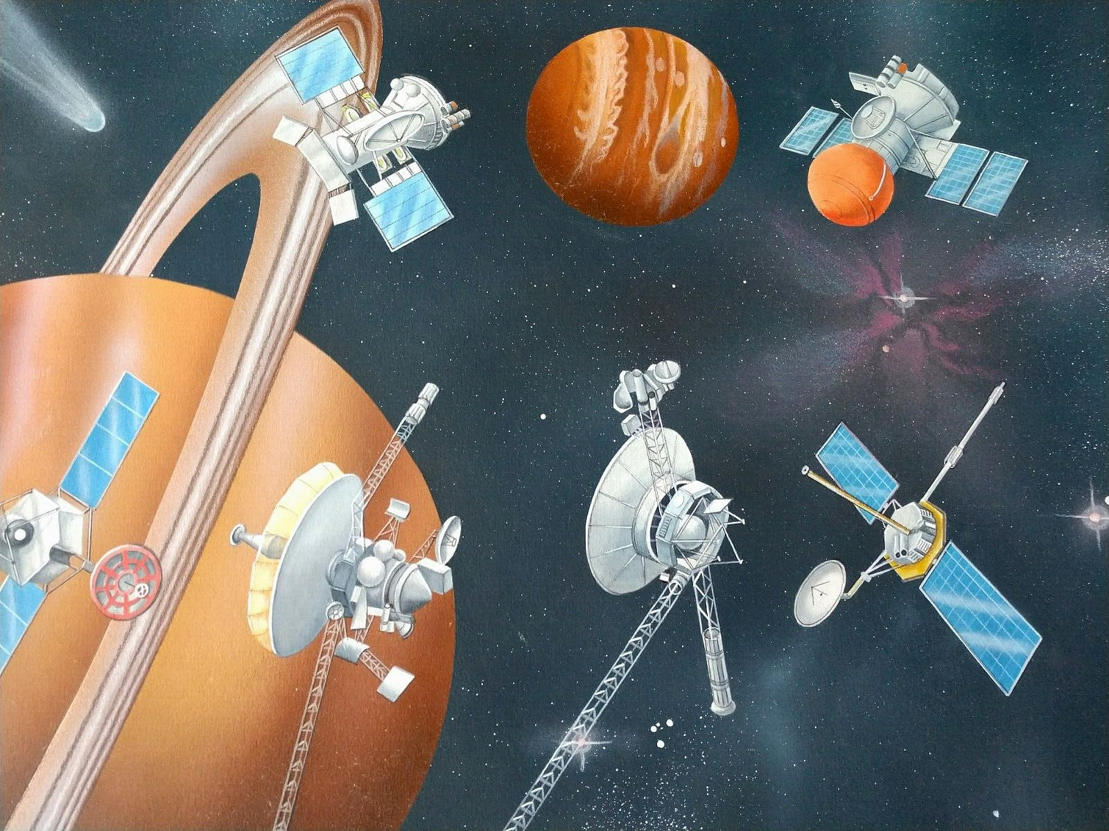 Satellites View Saturn Jupiter Postage Stamp Original Artwork Painting on Paper