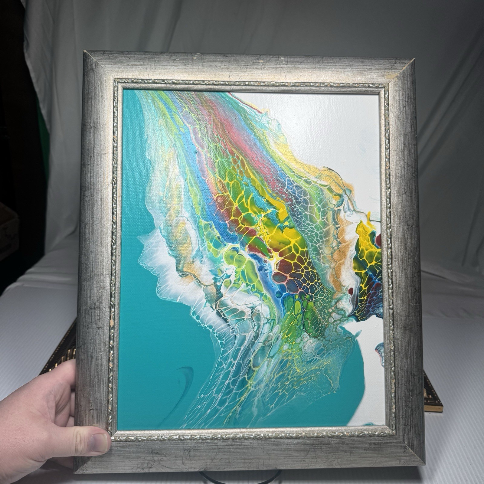 Original Art Work Painting Acrylic Pour Abstract Canvas Framed 8×10 By LK