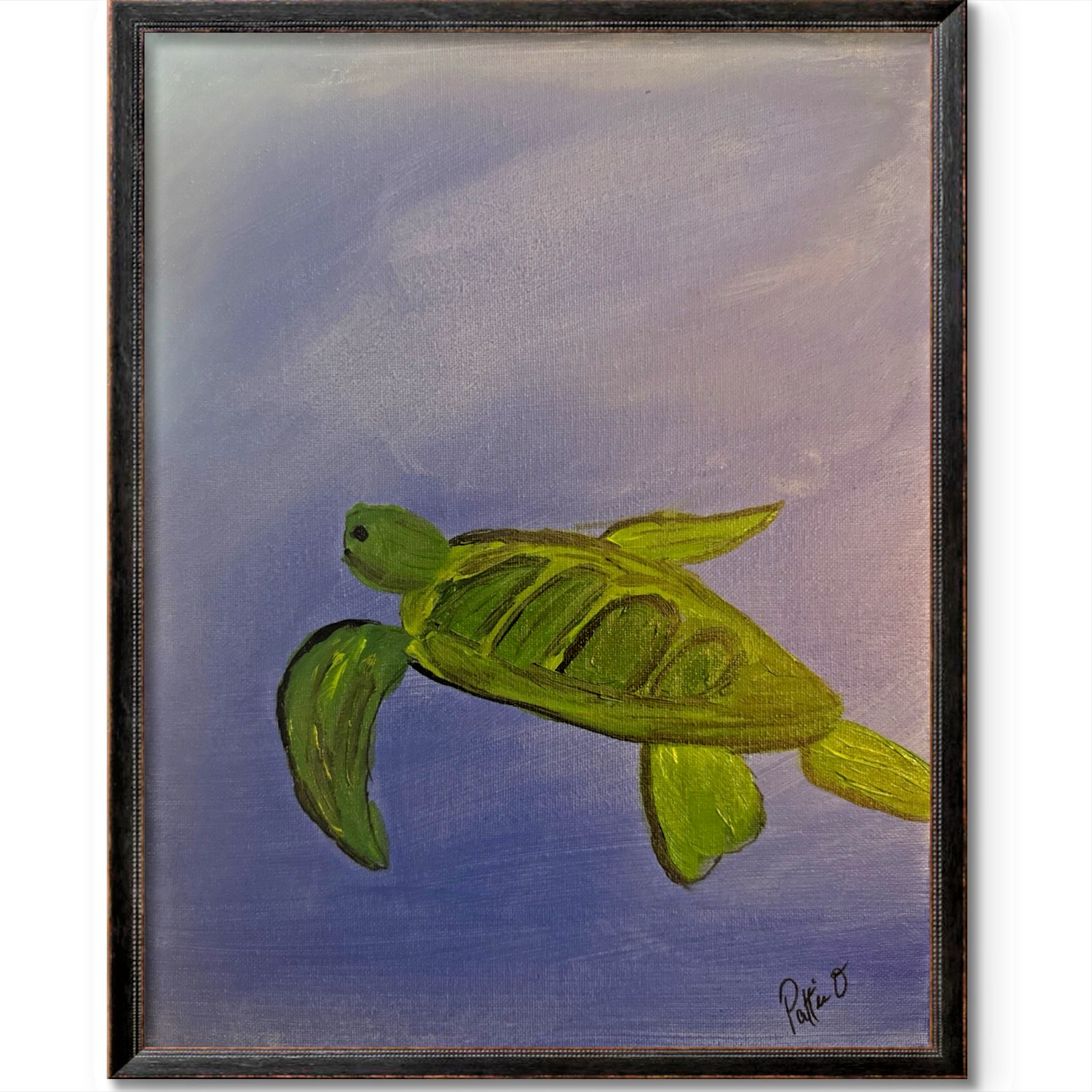 Sea Turtle Folk Art Painting 14×11 Canvas Signed Home Wall Decor Blue Green