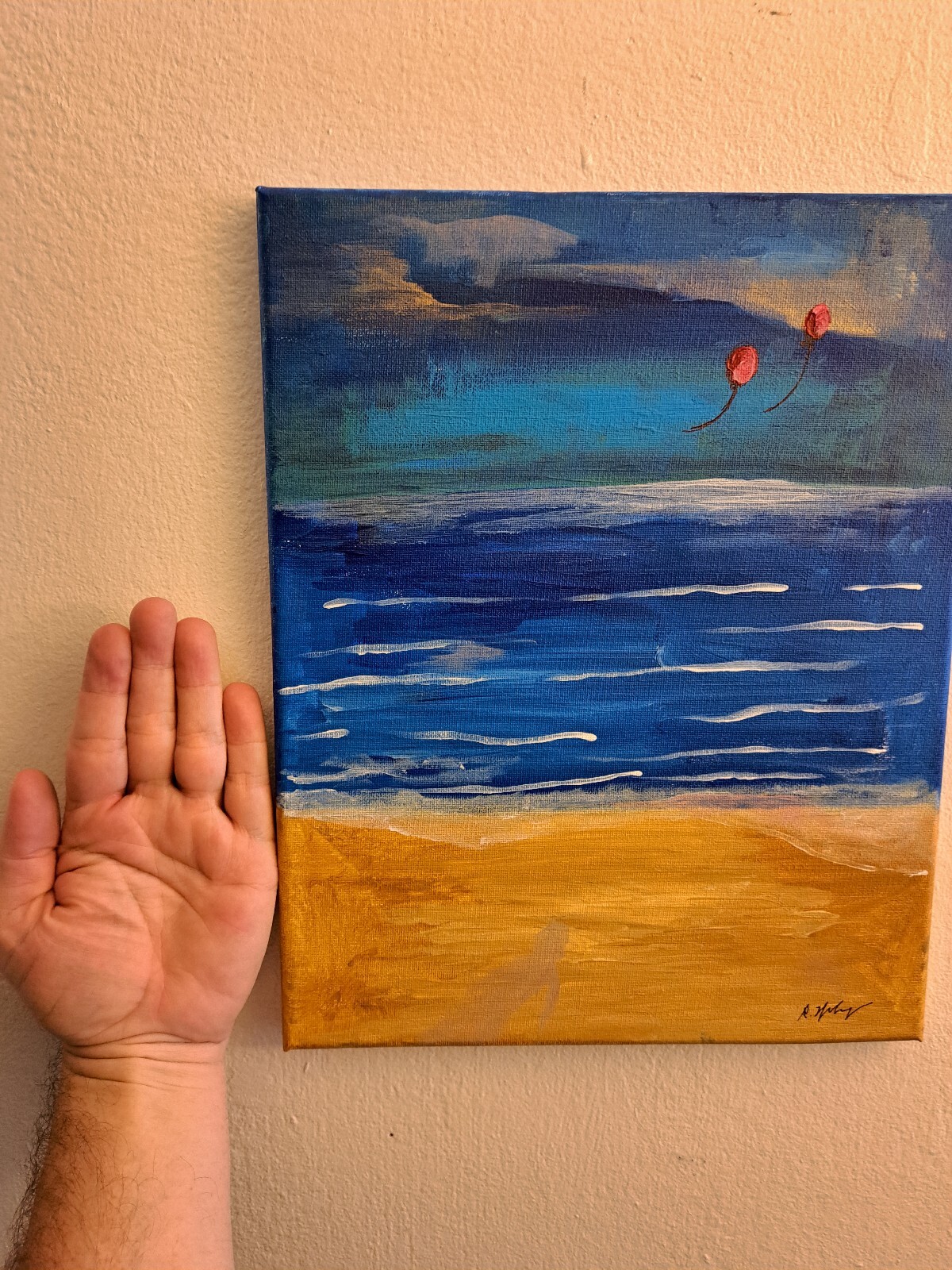 Original acrylic ink «Red Balloons at Beach» Beachscape 14×11 Limited 1/1 Signed
