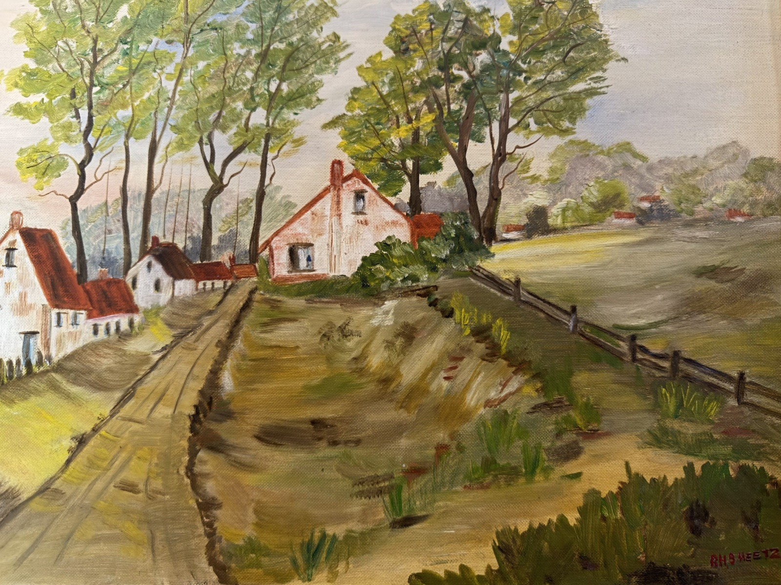 Spring Country Road Landscape, Original Vintage Painting – Lancaster County PA