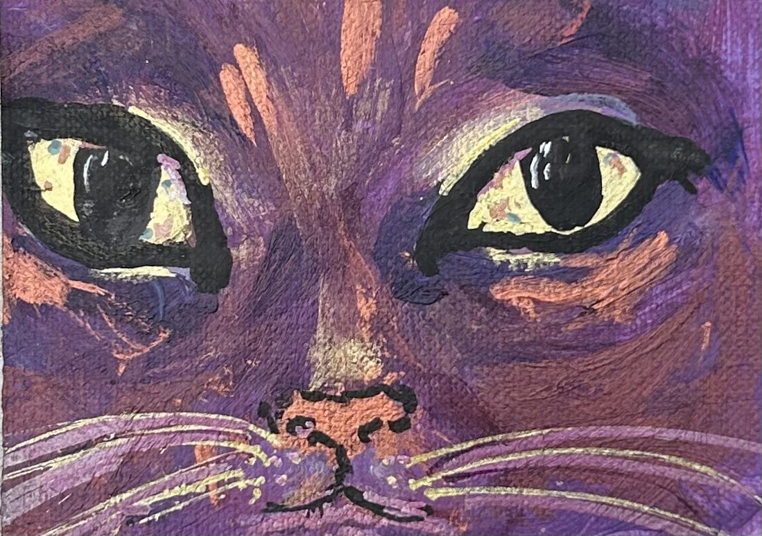 Original ACEO mini painting Purple Cat with Copper and Gold by Gale 3.5×2.5″