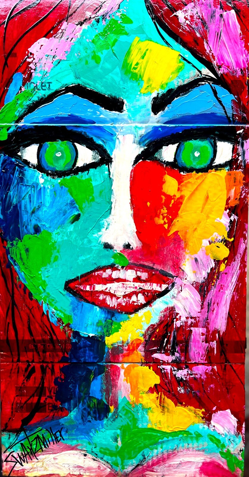 COLORFUL FEMALE PAINTING upcycle CB 23 x 12 original SWARTZMILLER DNA SIGNED ART