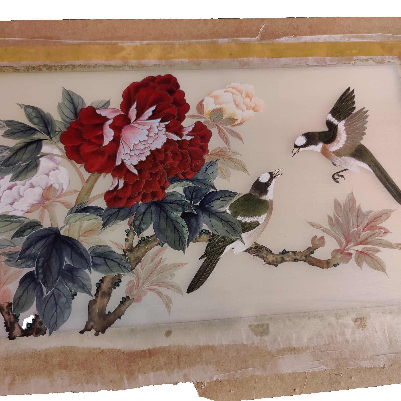 Silk Art Painting Bird Flower Branches Red Pink Gold Green Brown Frame Li Hong