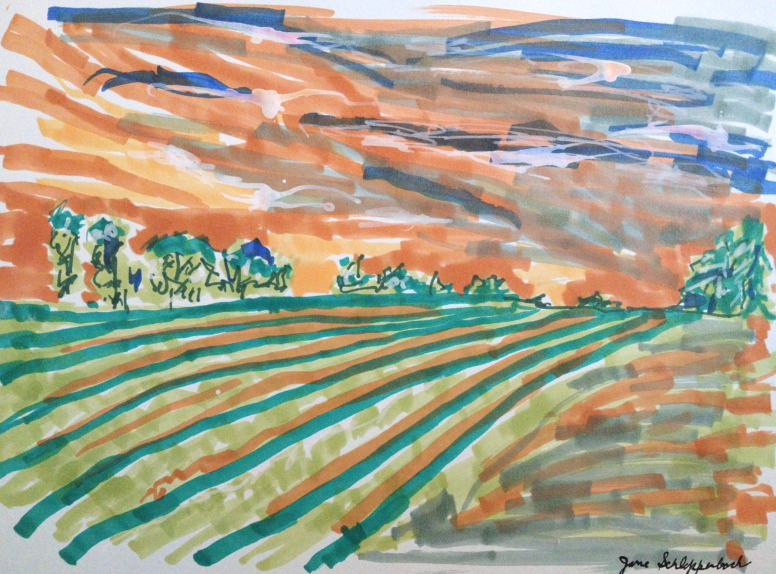 Fields Sunset Landscape Modern Contemporary Original 9×12 Signed Paper Acrylic