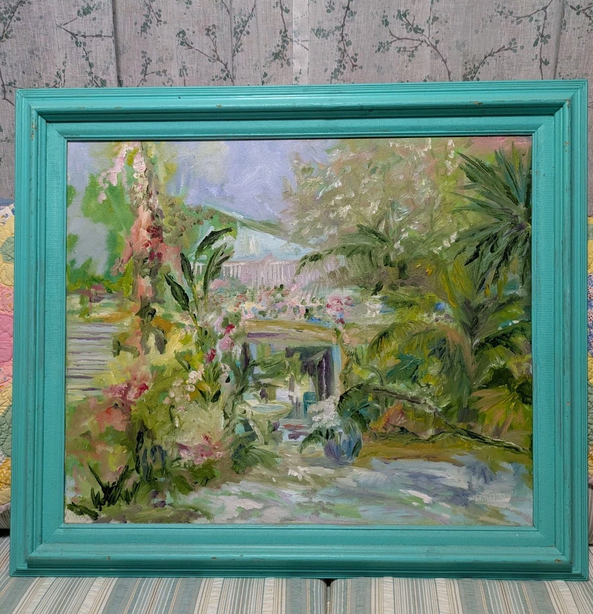 Aqua Framed 21 X 25 Original Tropical Key West Bungalow Oil Painting On Canvas