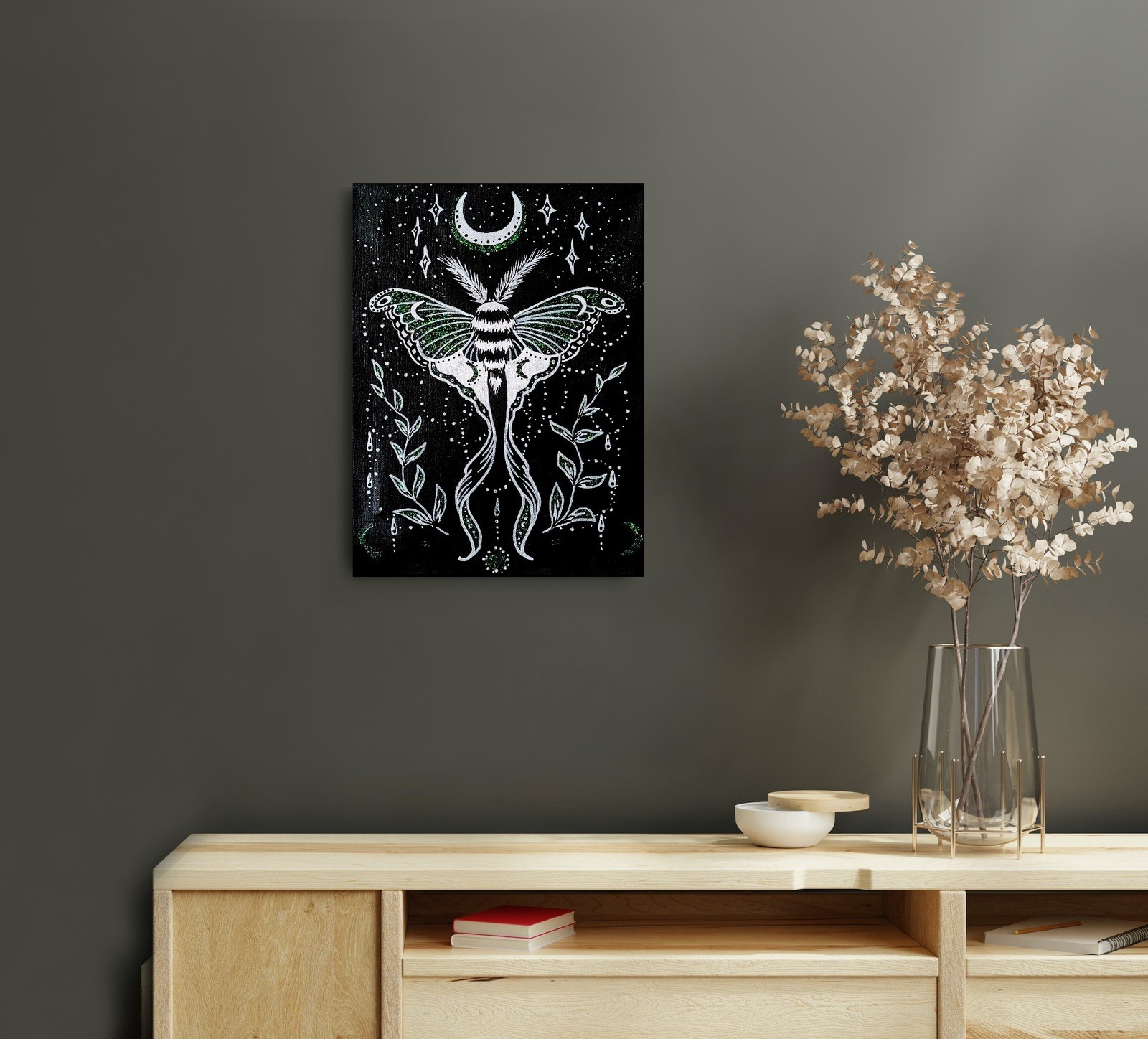Luna Moth Painting, Witchy Gothic Wall Art, Occult Black Artwork, Original 9×12