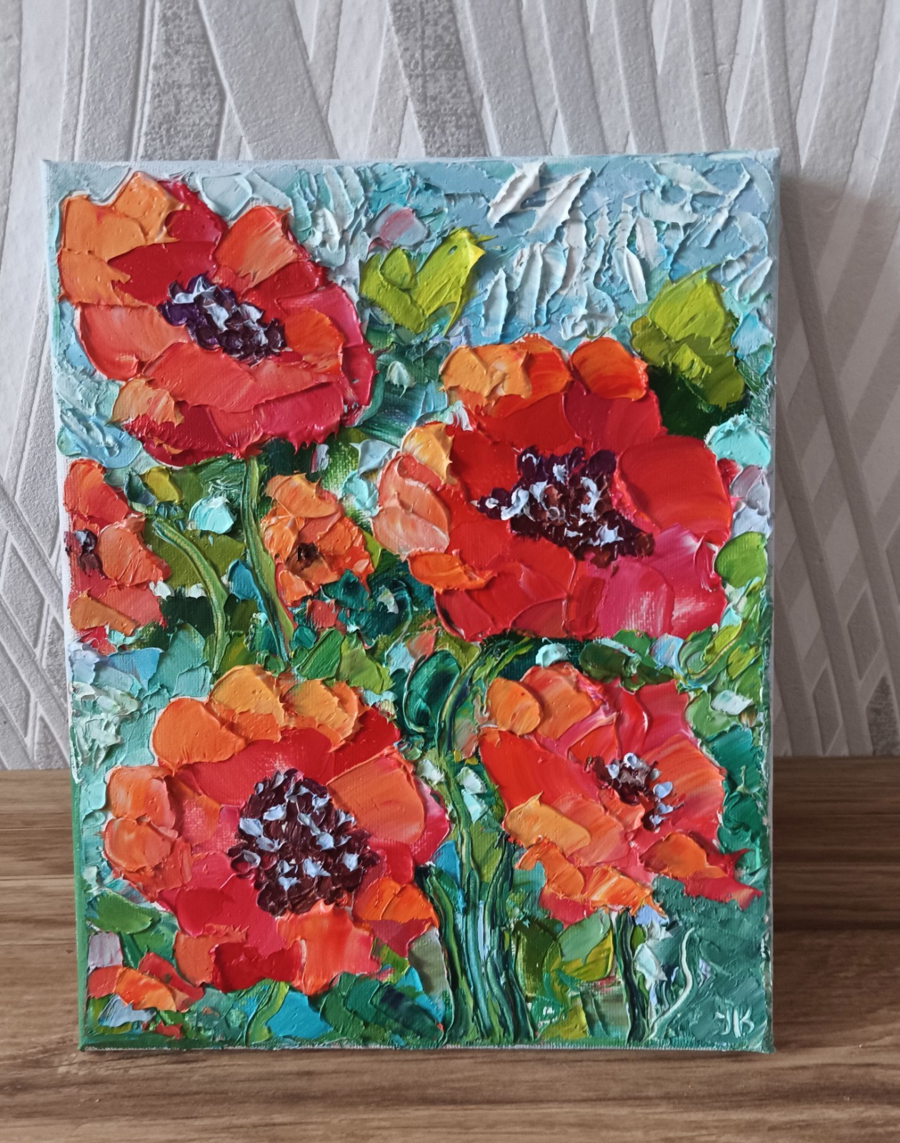 Original Oil Painting Red Poppy Flower Impasto Art on Canvas 25x20cm Signed