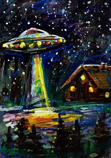 Original ACEO Painting CABIN & Spaceship Stars Night TREES Universe UFO ATC ART