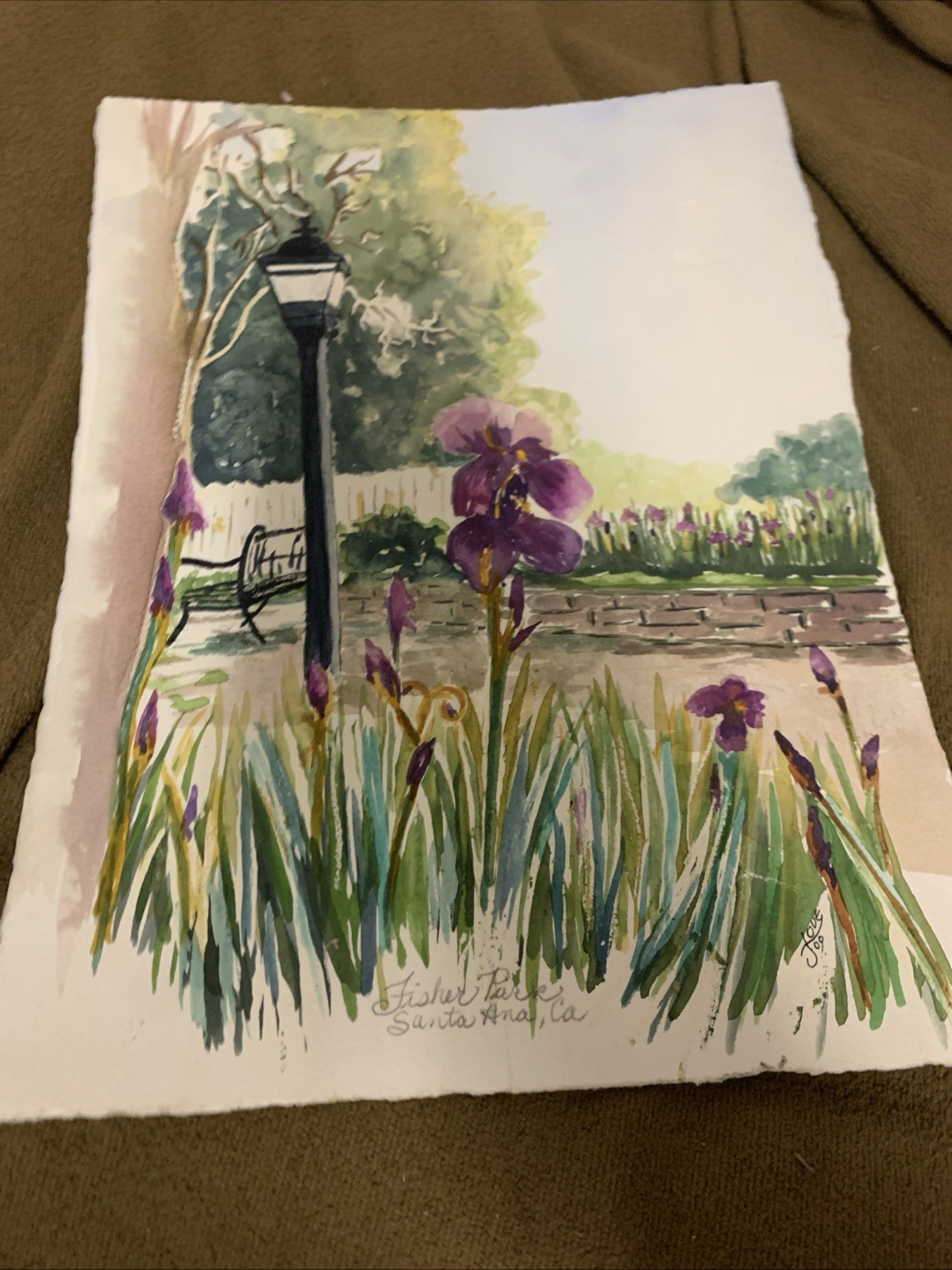 Santa Ana California Fisher Park Watercolor Landscape Beautiful Original OOaK